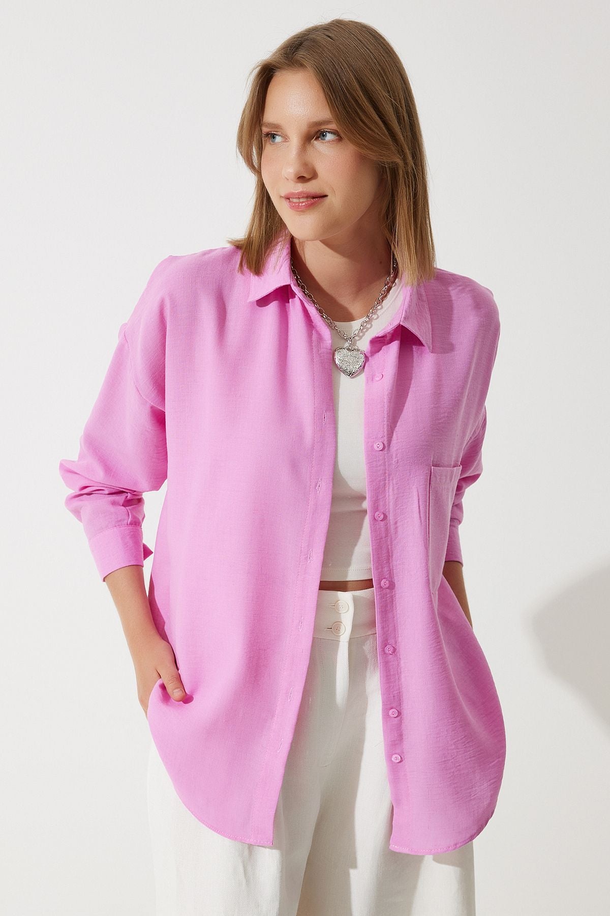 Woman Light Pink Oversizle Linen Ayrrin Shirt DD01222