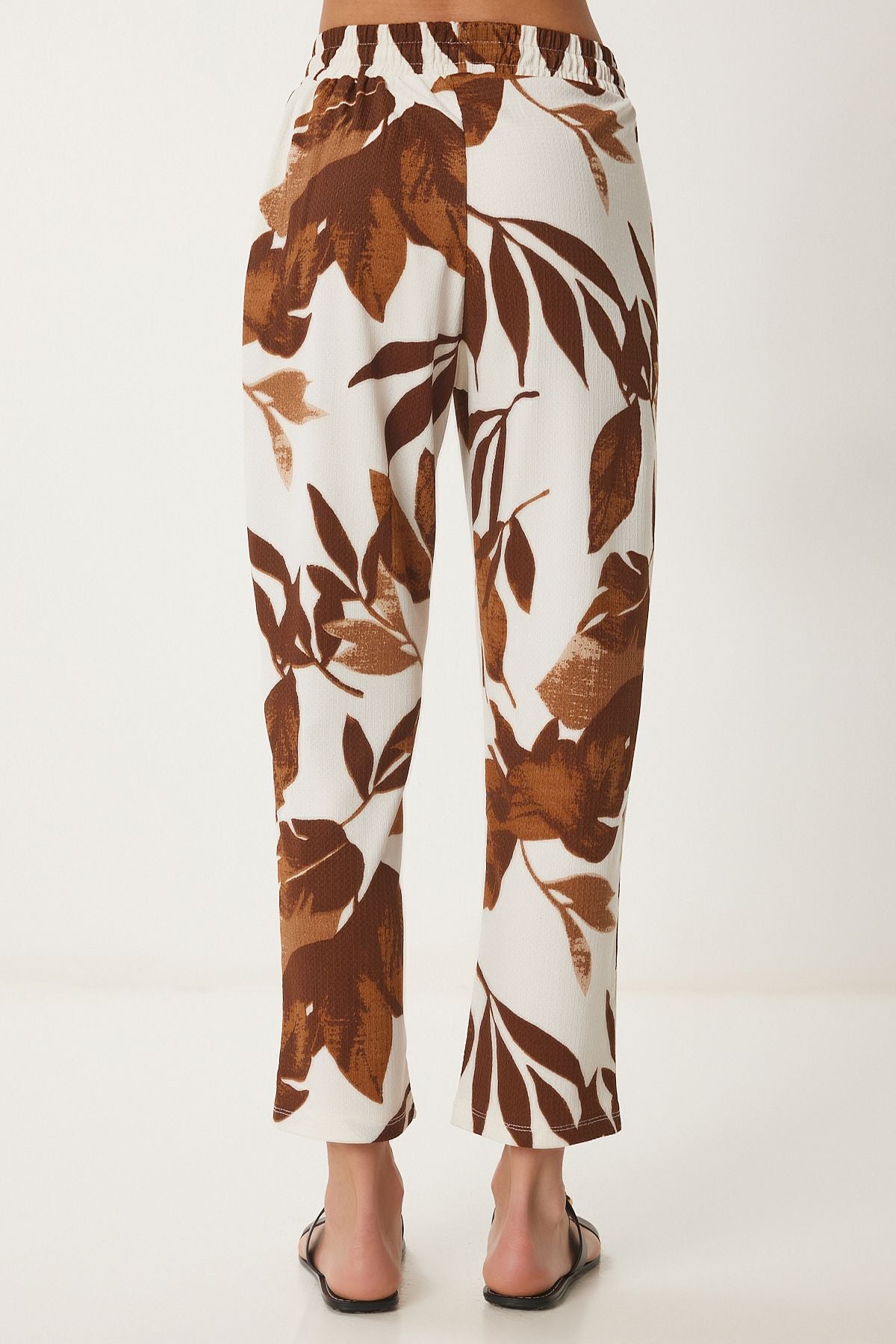 Female Brown Cream Patterned Krinkil Summer Knitting Shirt Pants Set ZH00044