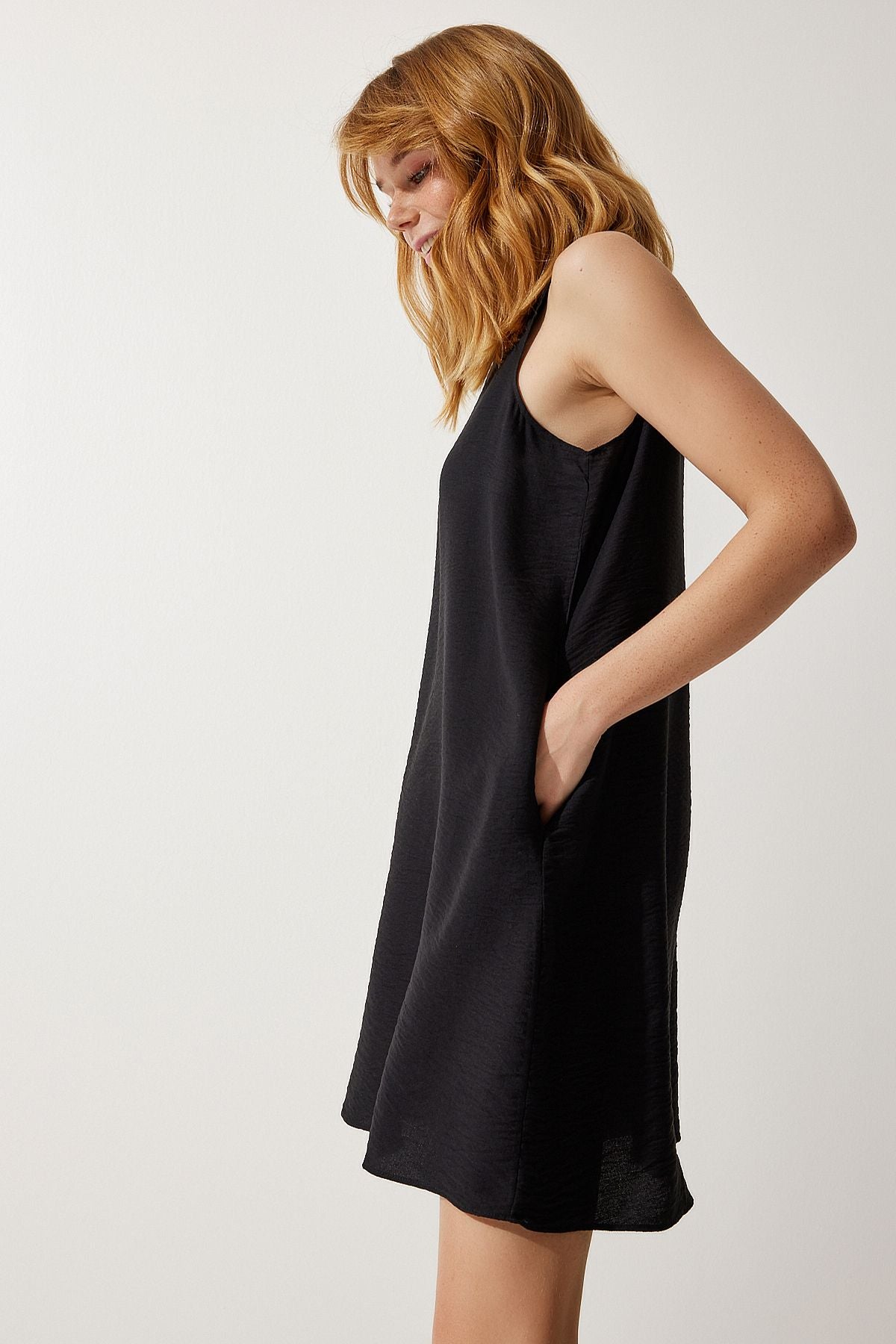 Female black sleeveless linen viscose bell dress jh00005