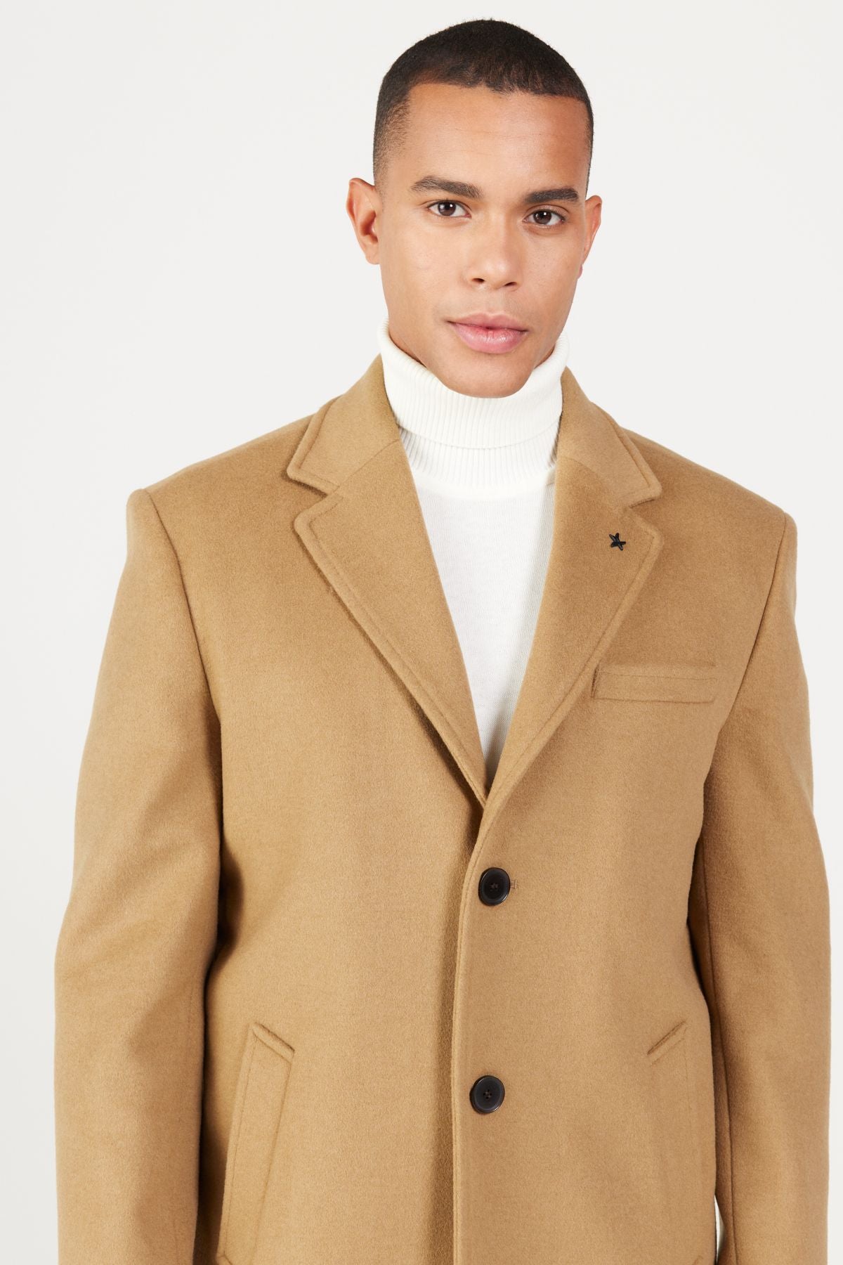 Men's Camel Standard Fit Normal Cut Mono Yaka Wool Coat