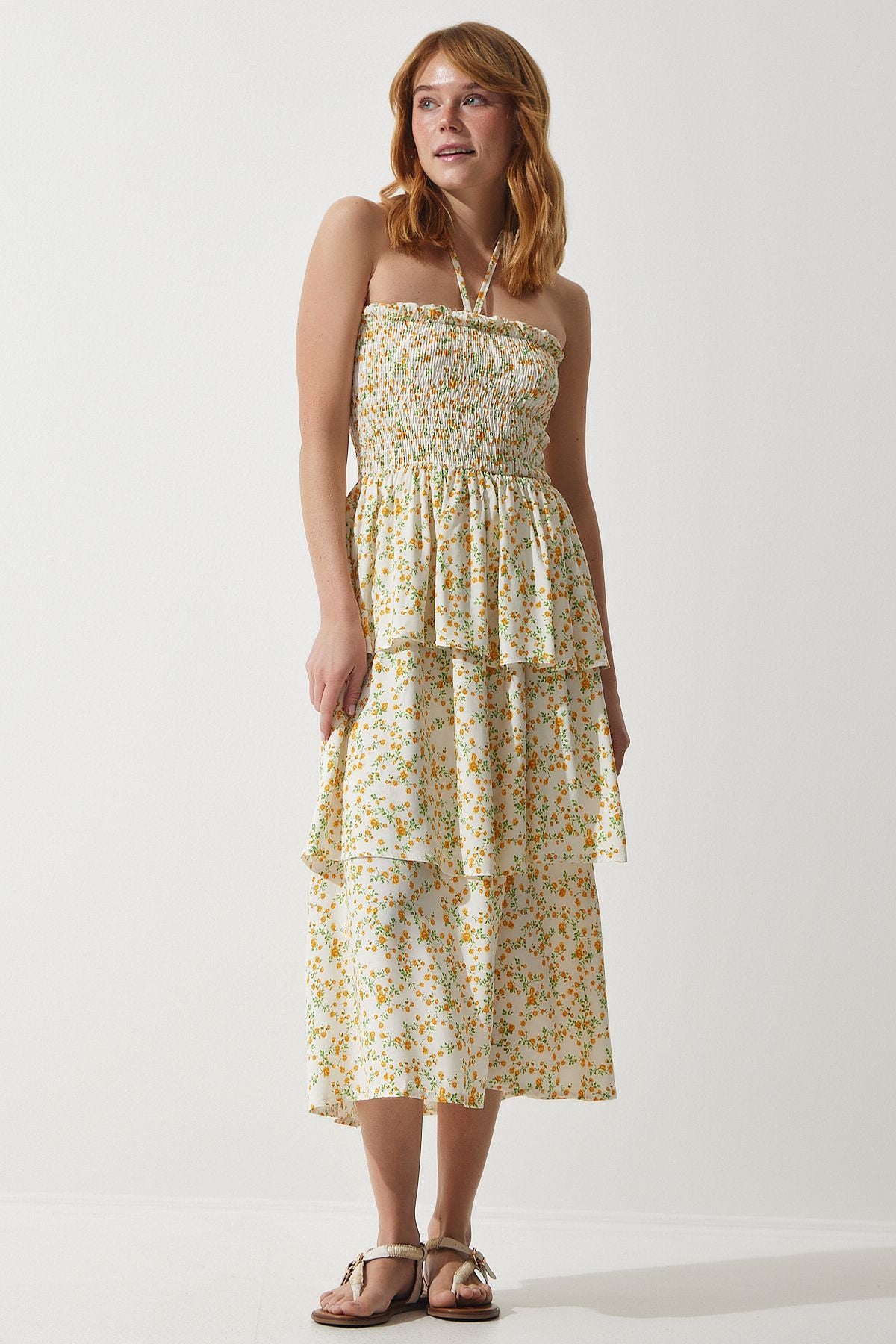 Female Ecru Yellow Flower Volan Summer Viscose Dress UB00226