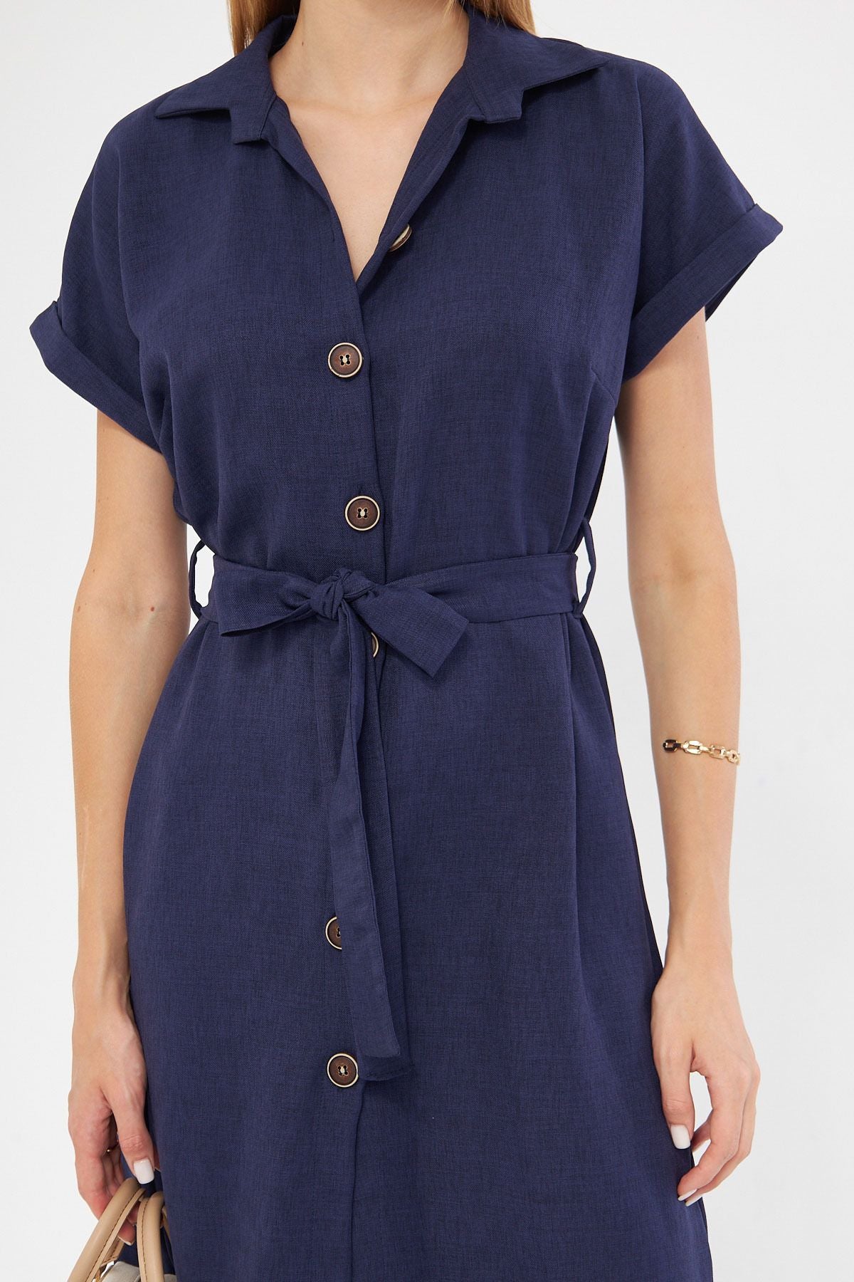 Woman Dark Navy blue linen looking waist belt short sleeve shirt dress ARM-24Y001084