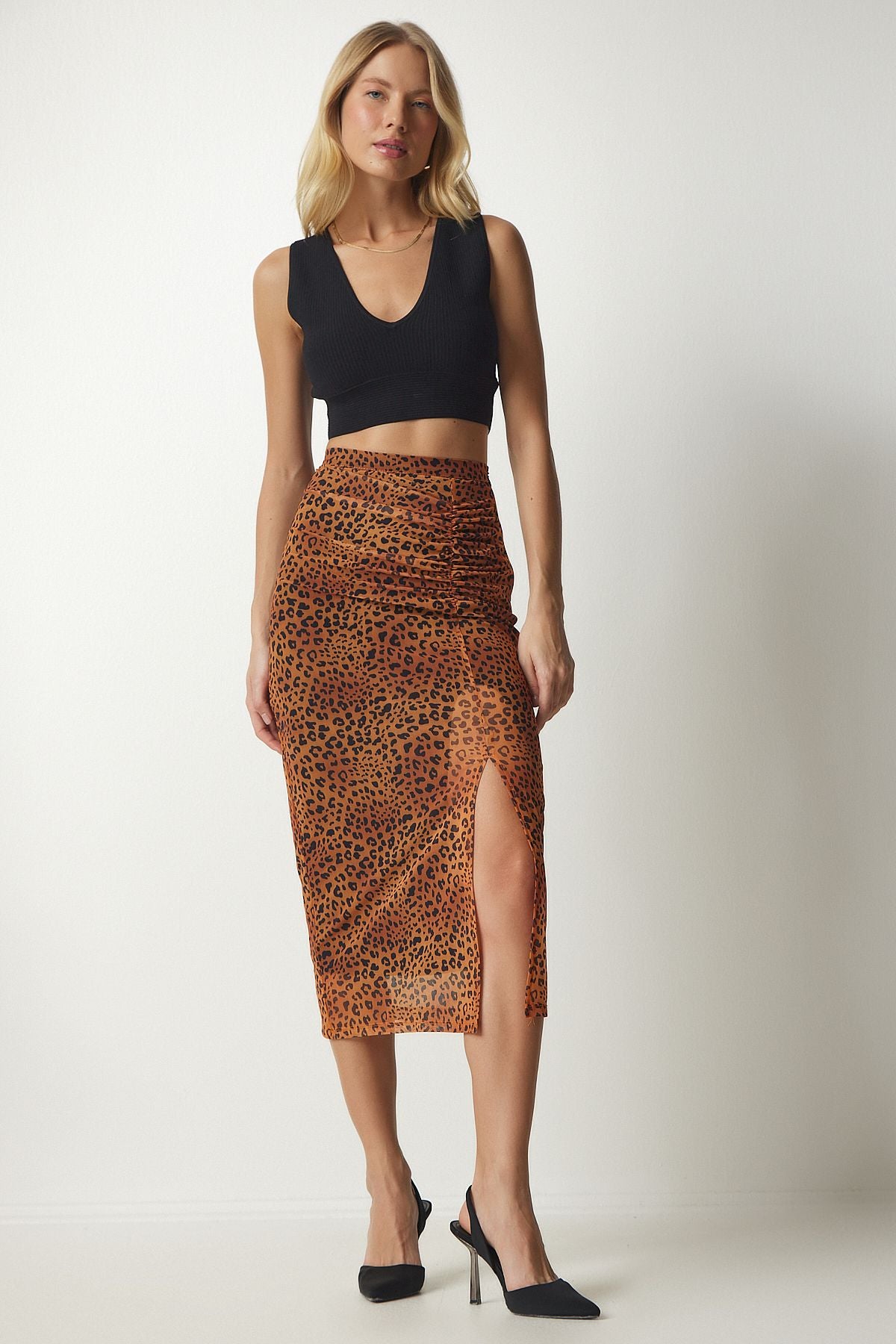 Woman Oranj Patterned Shirred Chiffon Skirt CR00420