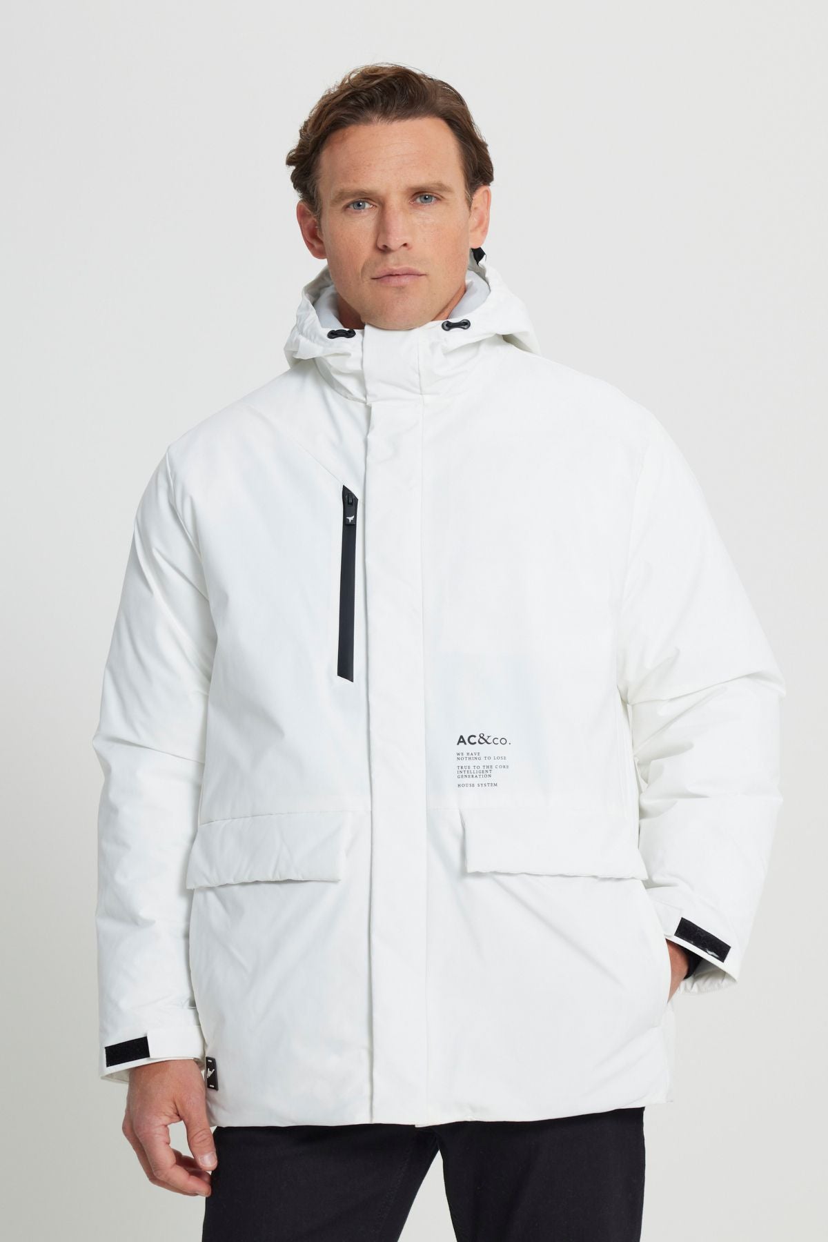 Men's white hood upright collar standard fit hot winding windproof coat coat