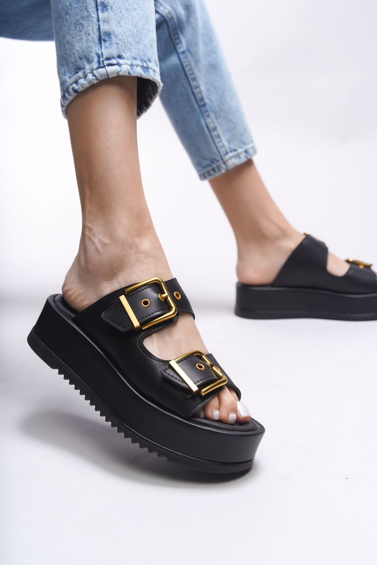 Winledha Female Double Buckle Slipper 001278 Black Skin