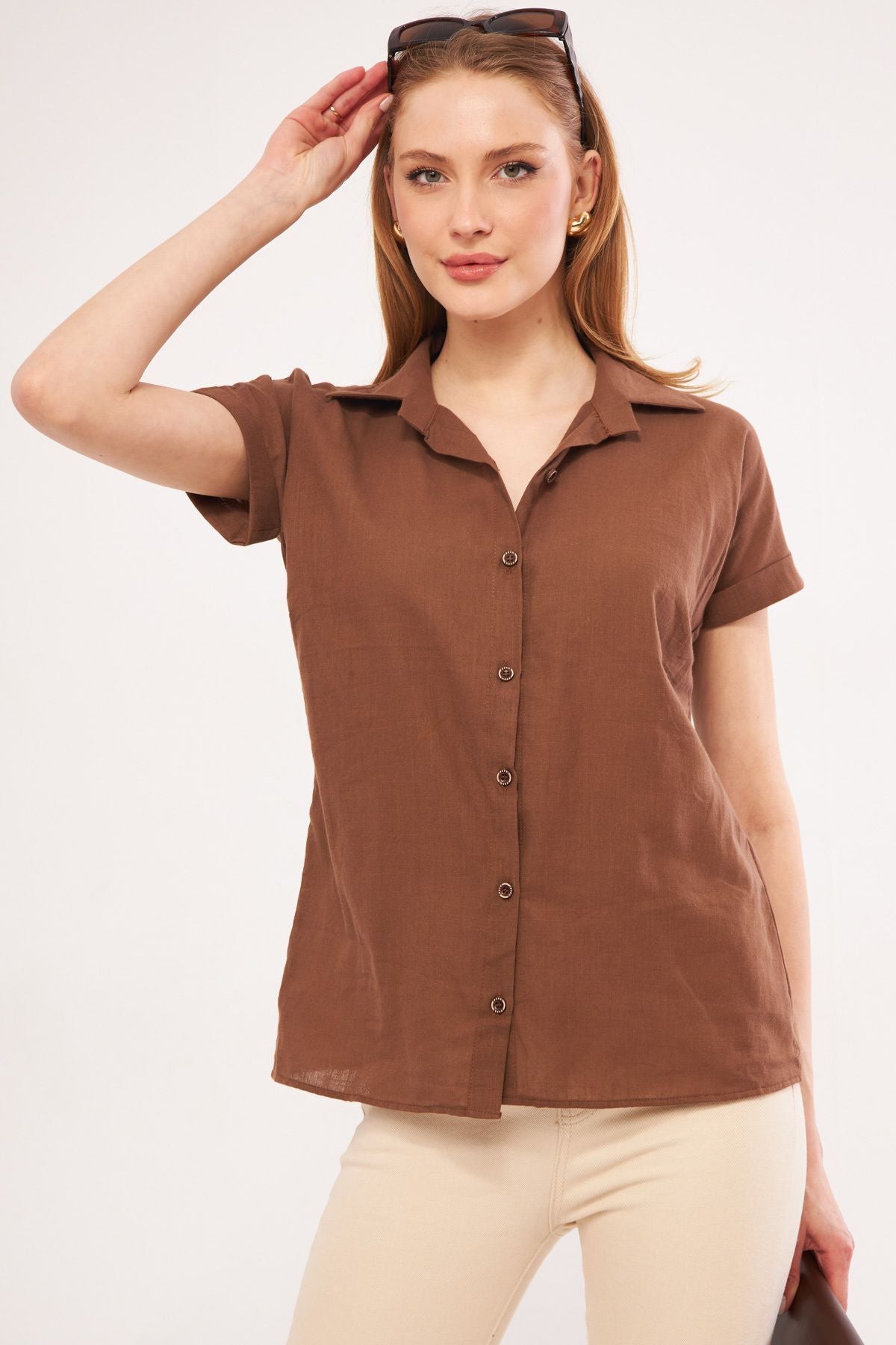 Woman Coffee Short Sleeve Linen Shirt ARM-24Y001038