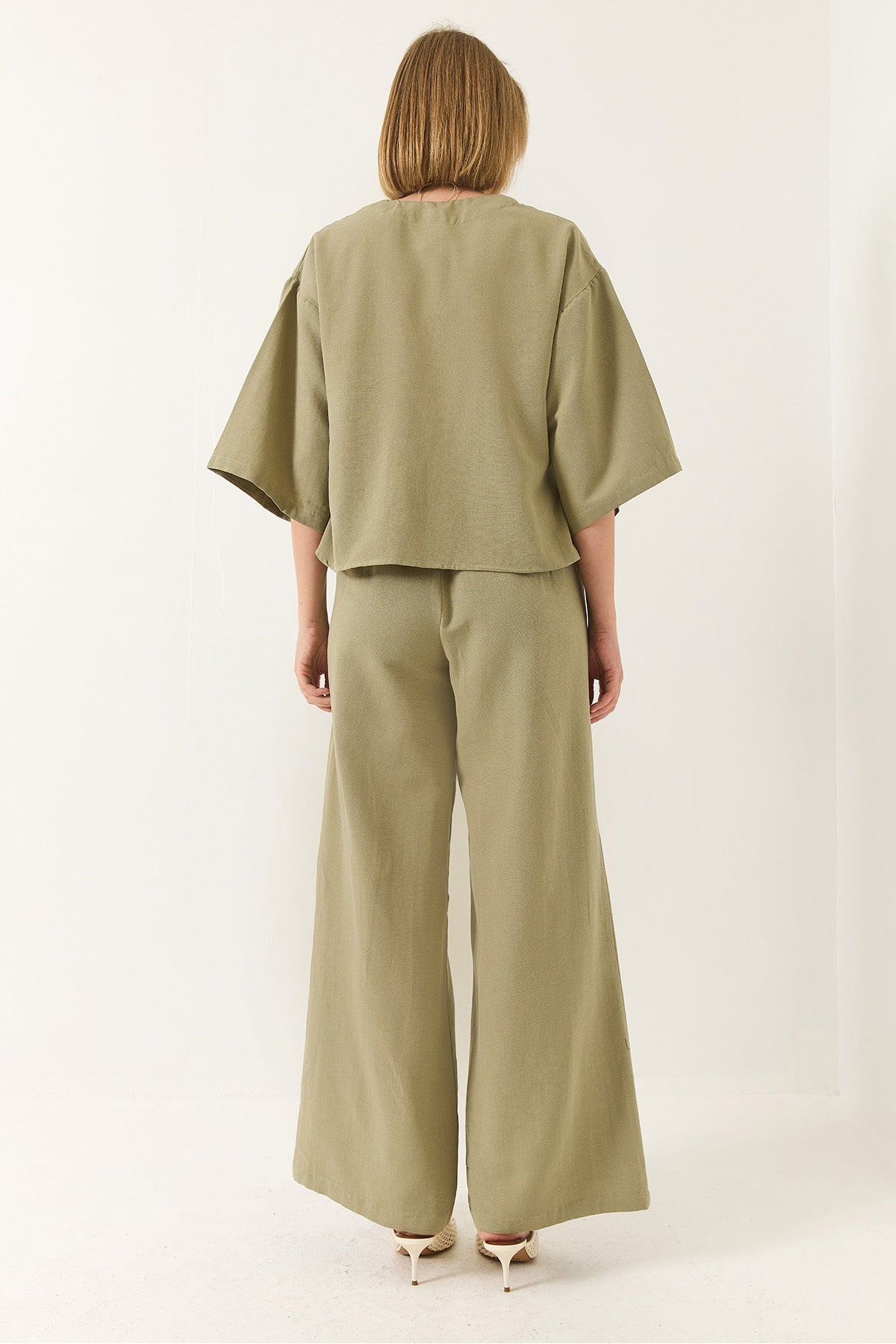 Women's V-Neck Bat Sleeve Linen Kimono Palazzo Top and Bottom Set with Trousers 9295 60281019