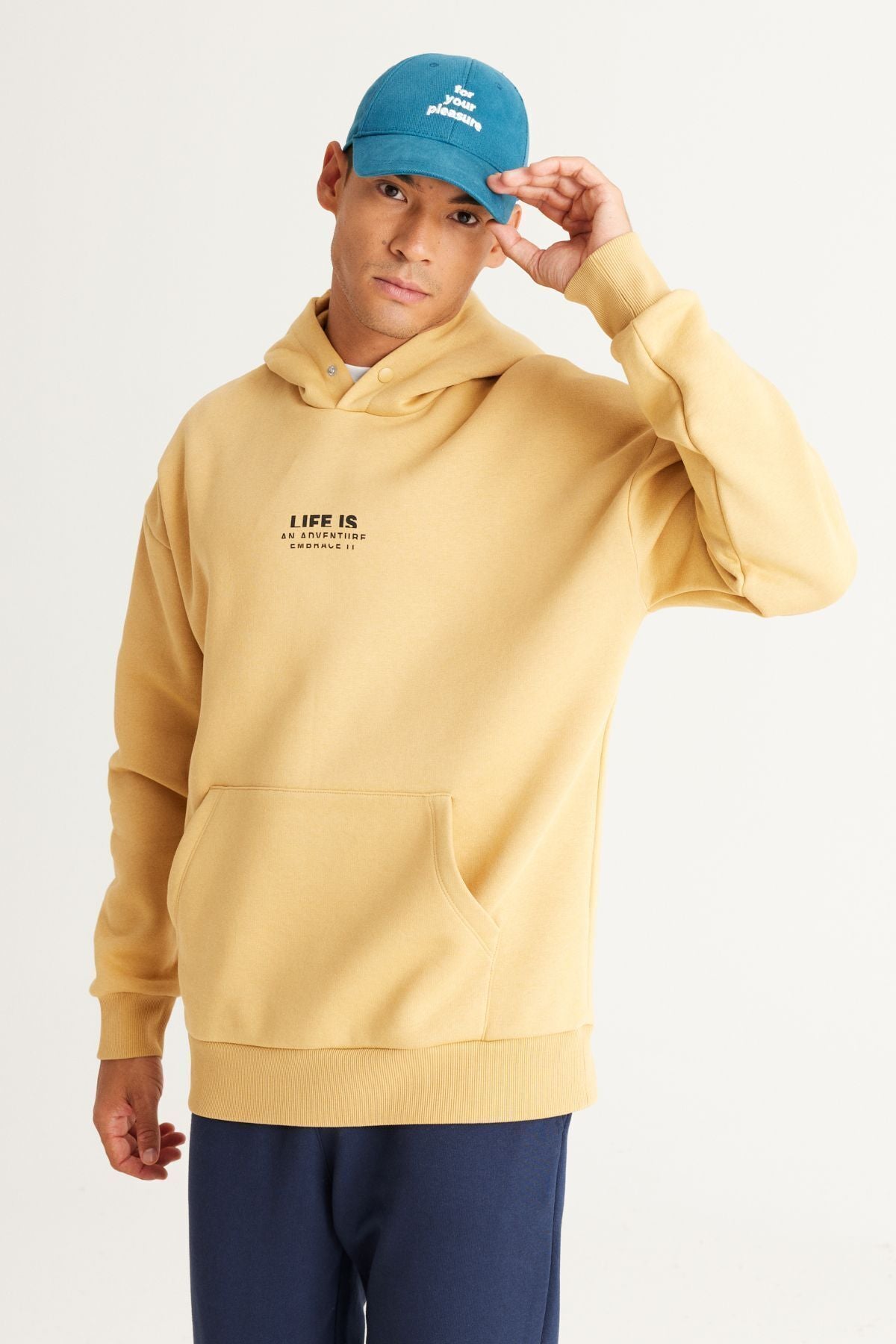 Men's mustard oversize fit plenty of cuts hooded polar with 3 -IP cotton sweatshirt