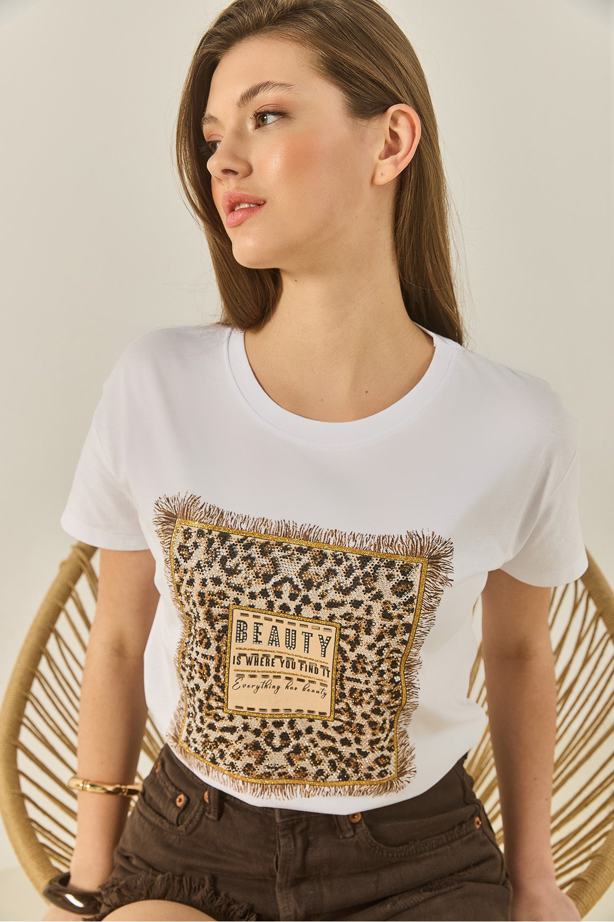 Women's Cycling Neck Short Sleeve Stone Printed Leopard Detailed Regular Fit T-Shirt 1631 60283280