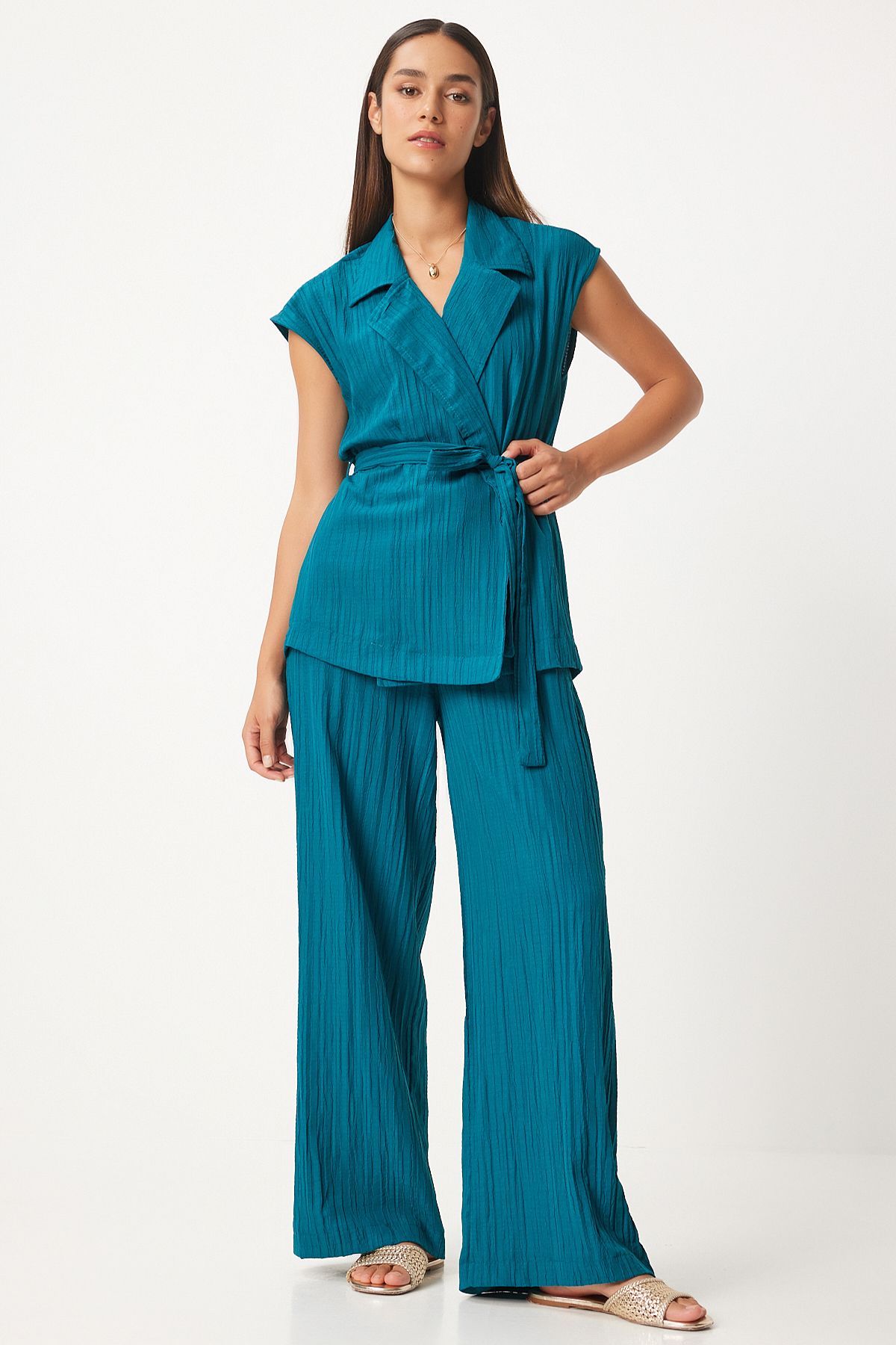 Women's oil green belt vest Palazzo knitting set By00055