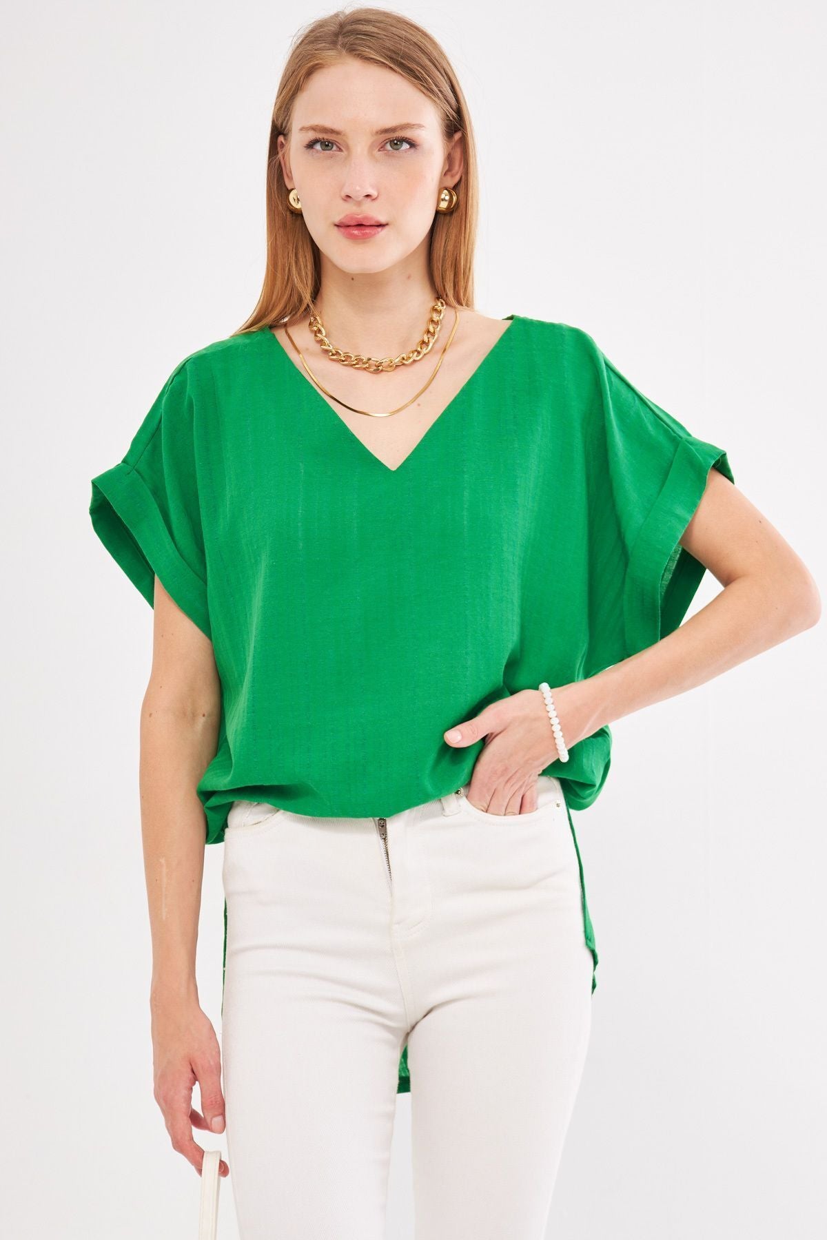 Female Green V-Neck Side Slip Behind Long Duble Arm Detailed Oversiz Blouse ARM-24Y001074