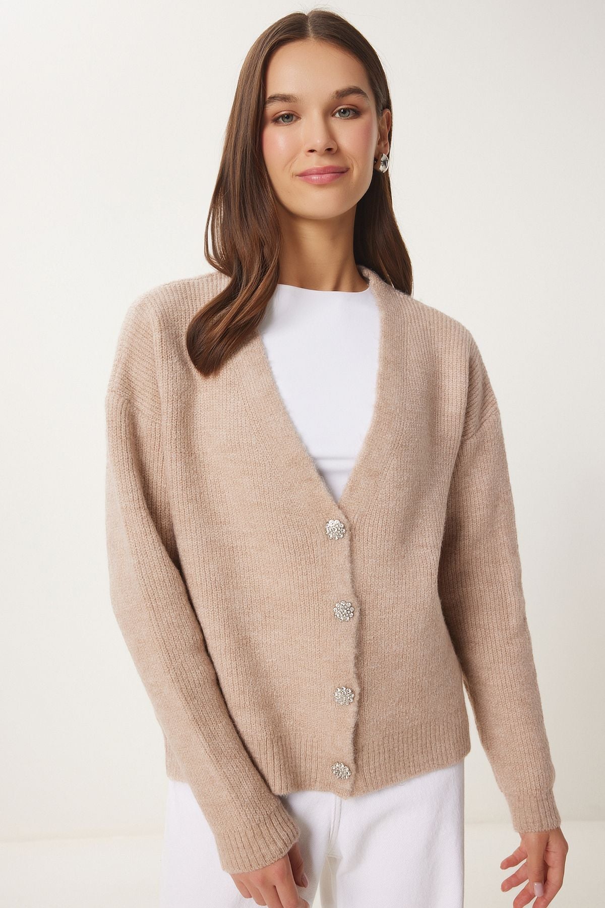 Woman beige stylish button knitwear cardigan mx00114