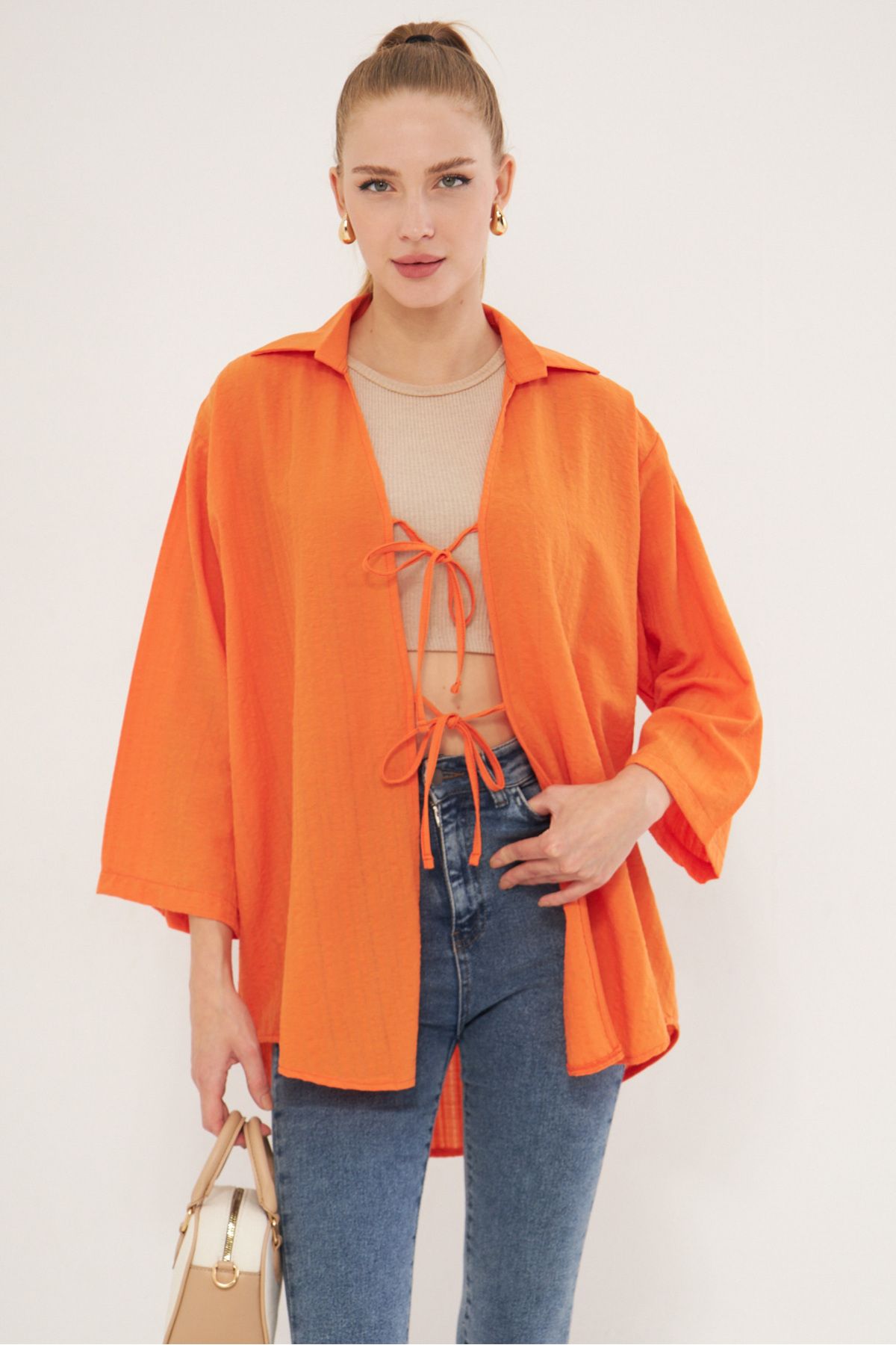 Women's Orange Shirt Collar with Lacked Kimono Shirt ARM-25K001006