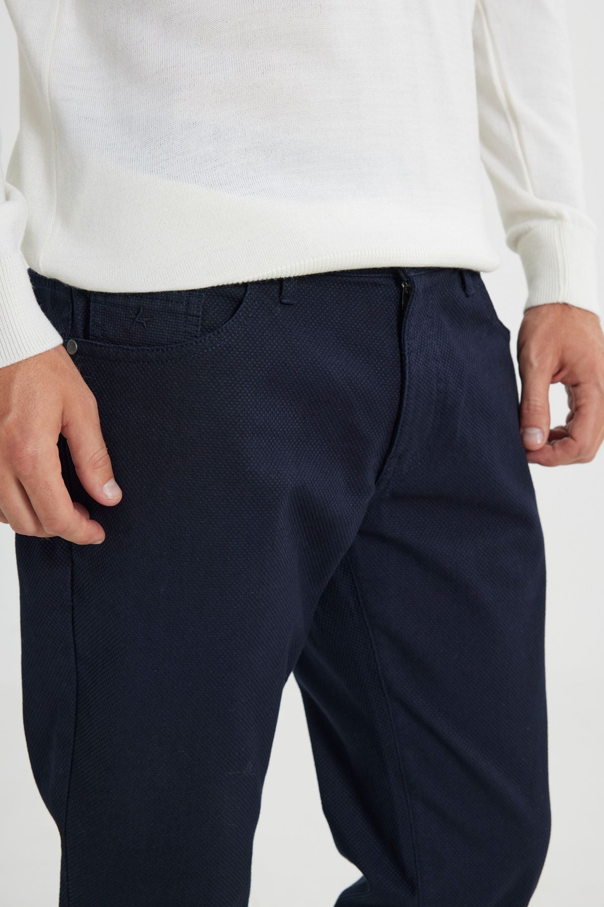 Men's navy blue slim fit narrow -cut cotton flexible flexible 5 pocket pants