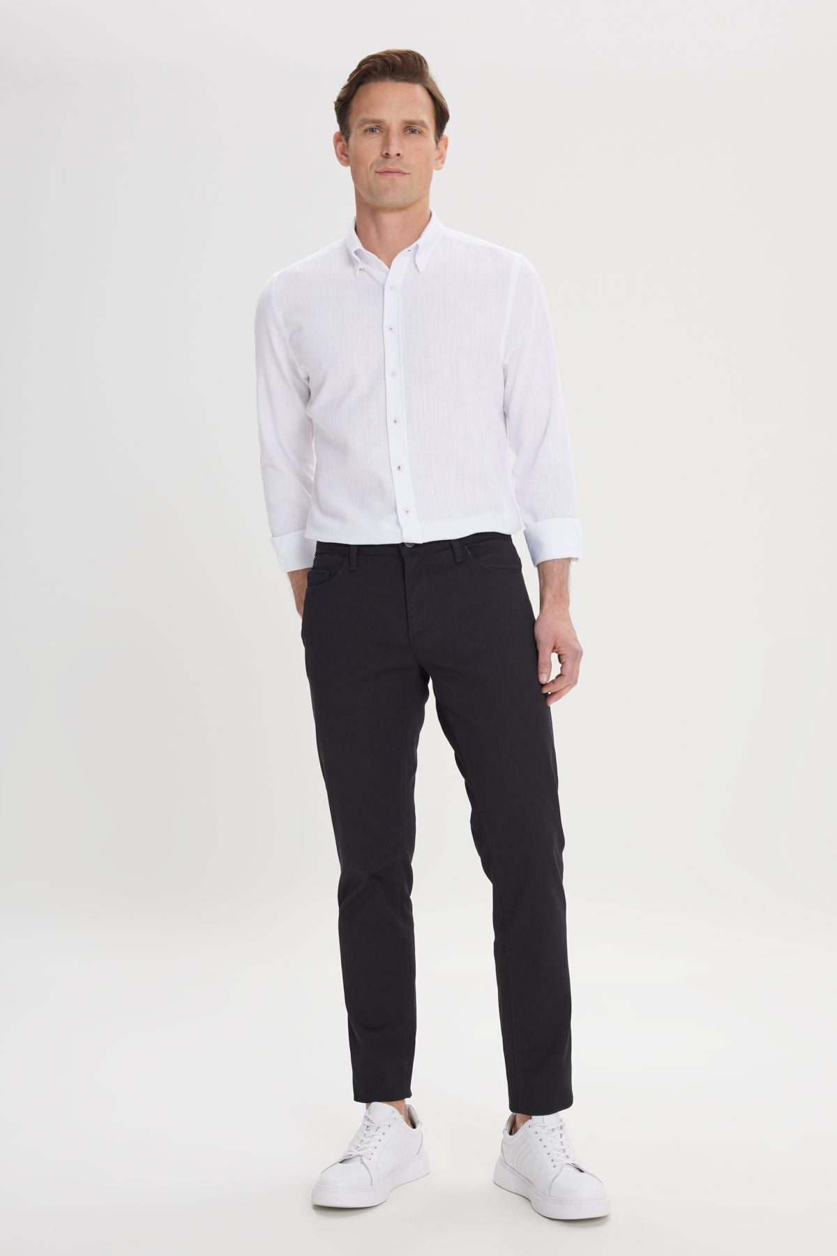 Men's black slim fit narrow cut 5 pocket Amelor Flexible Pants