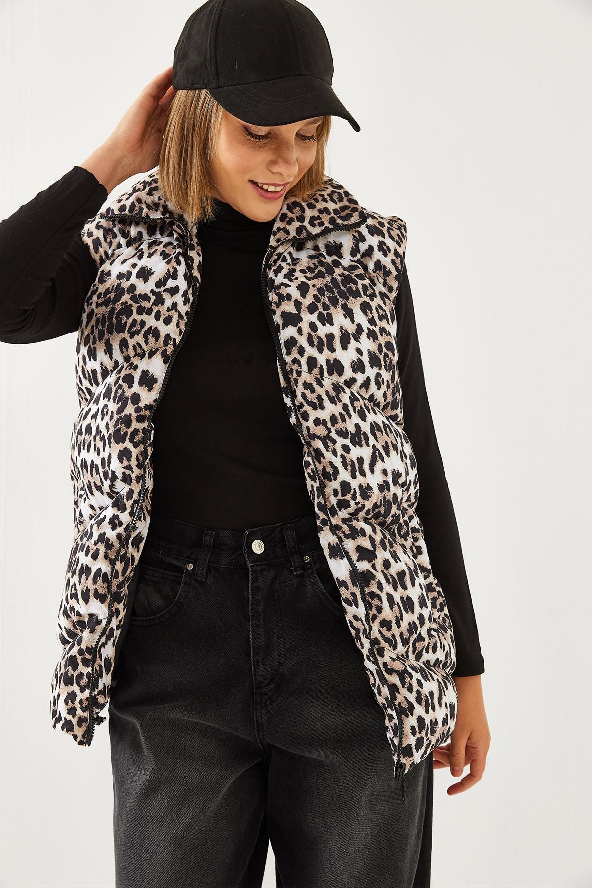 Female Fisherman Collar Leopard Patterned Swelling Vest 938128 60351234