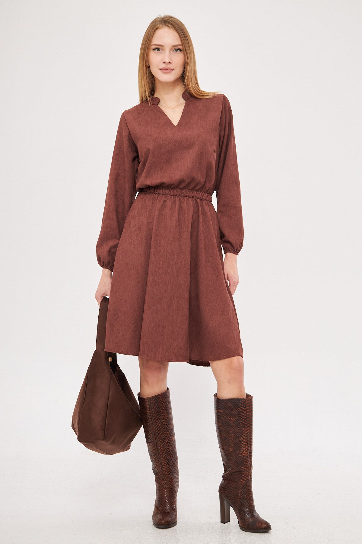 Female Coffee Velvet V-Yaka Waist Fine Wick with Rubber Red Clash Dress ARM-25K001049