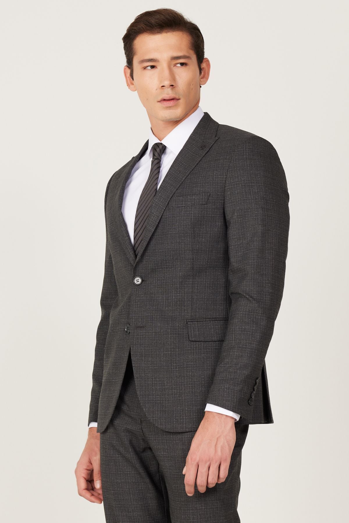 Men's anthracite woolen extra slim fit narrow cut -off swallow collar patterned suit