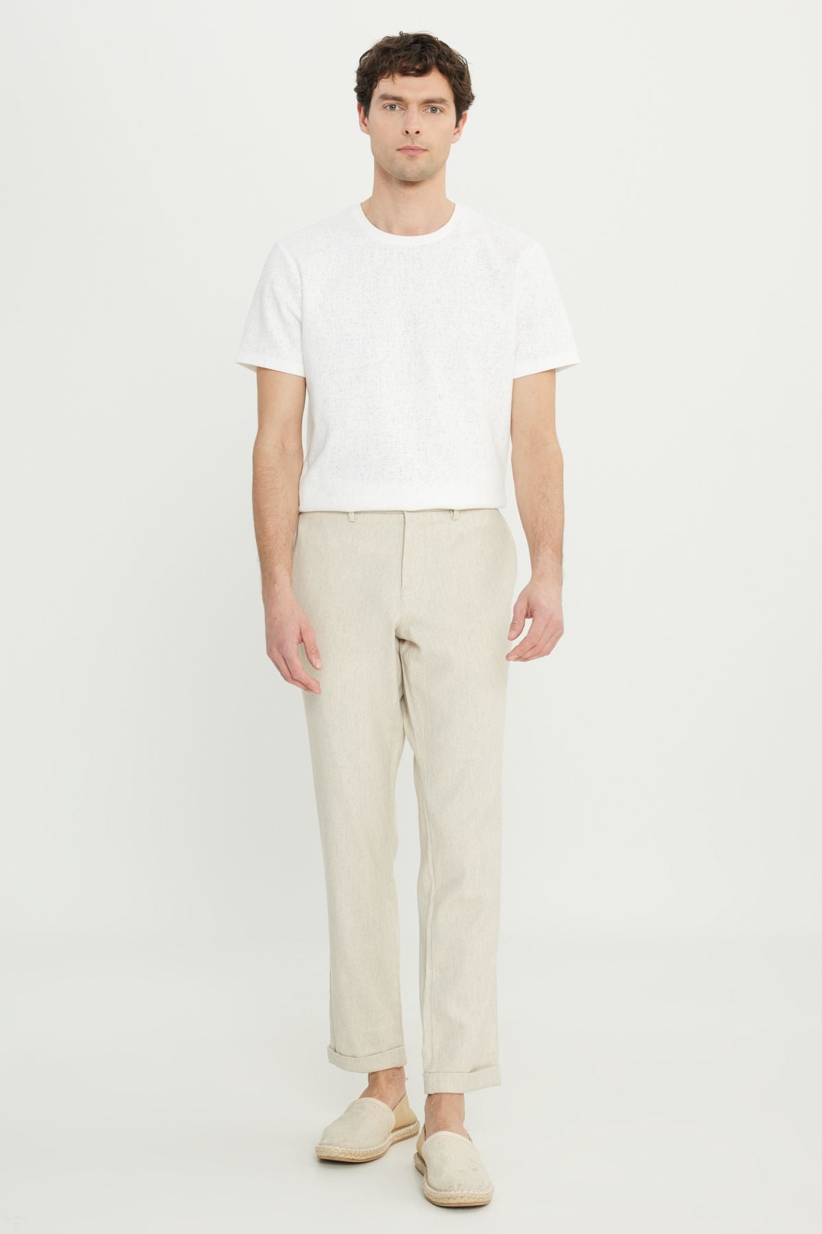 Men's Beige Slim Fit Narrow Cut Diagonal Patterned Casual Pants with Side Pockets