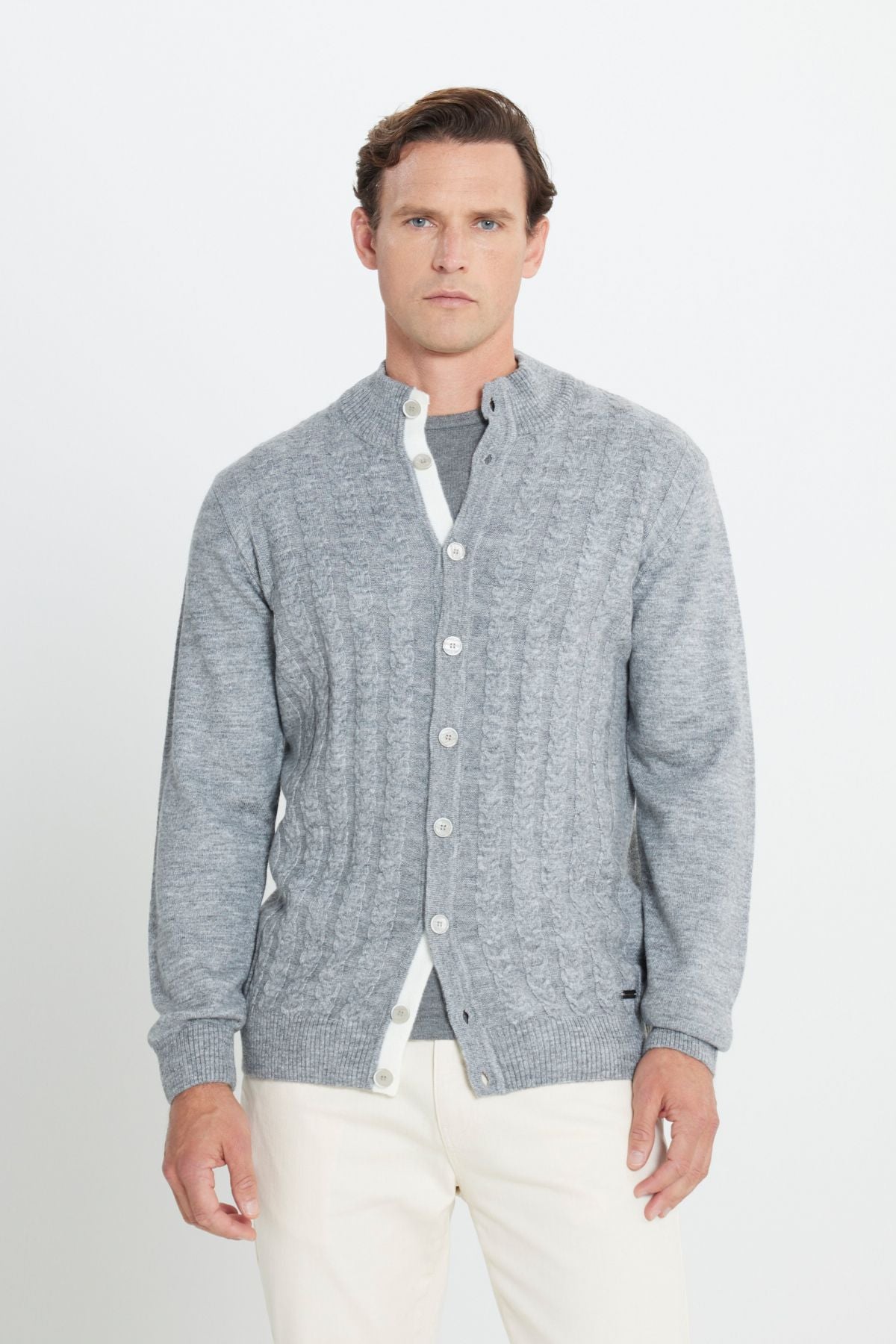 Men's Gray Standard Fit Normal Cut Bato Neck Patterned Knitwear Cardigan