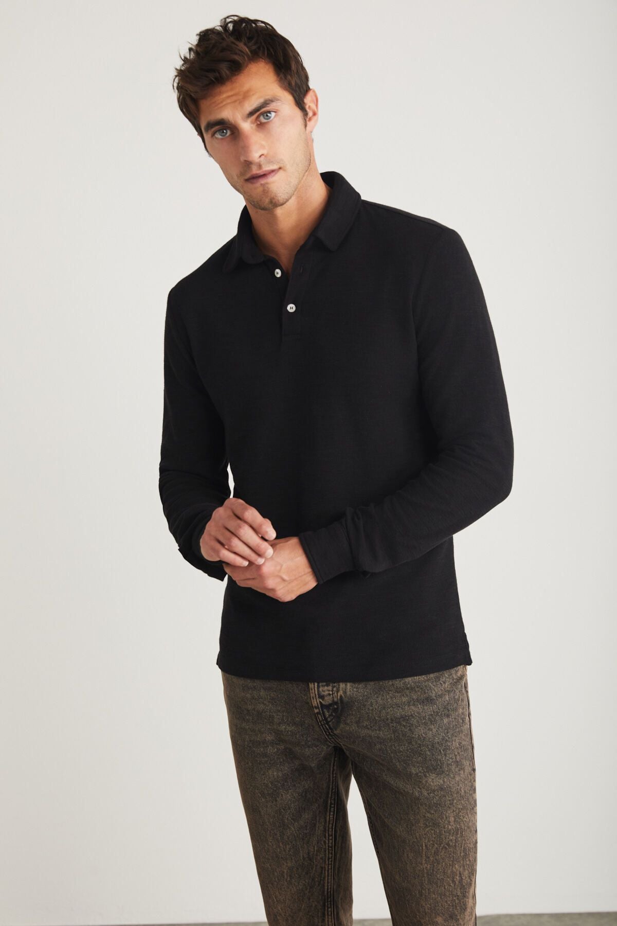 Tremont Men's 100 %Organic Cotton Slim Fit textured Fabric Polo Yaka Long Sleeve Black T-Shirt