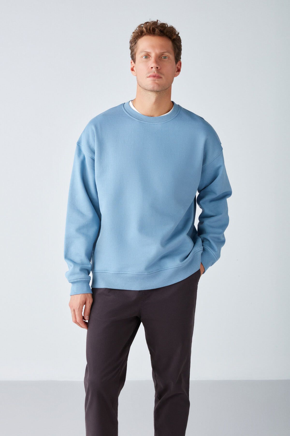 Stephan Men's soft winter fabric 3 -tie organic cotton knitted oversiz blue sweatshirt