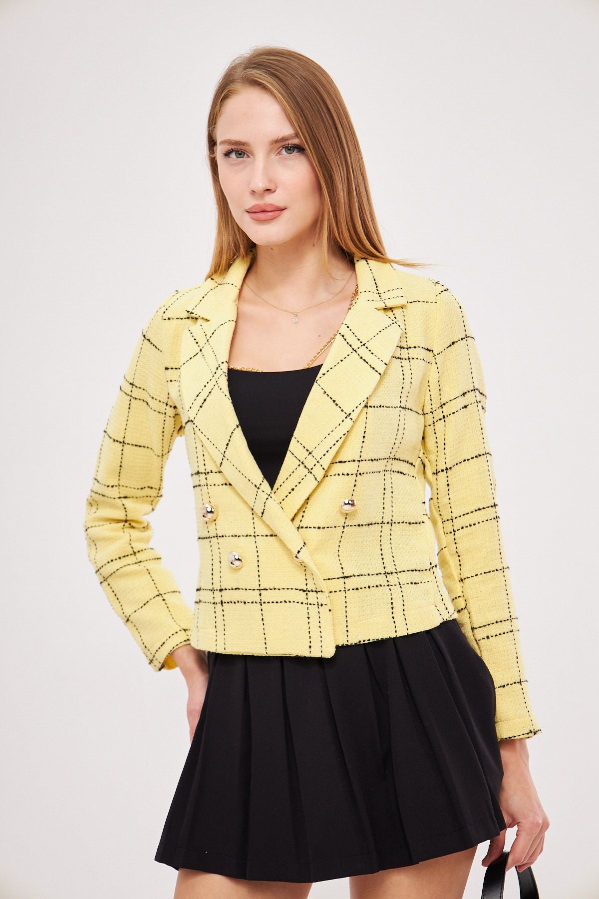 WOMEN Yellow-Black Cruve Yaka Tüvit Crop Jacket ARM-24K001014