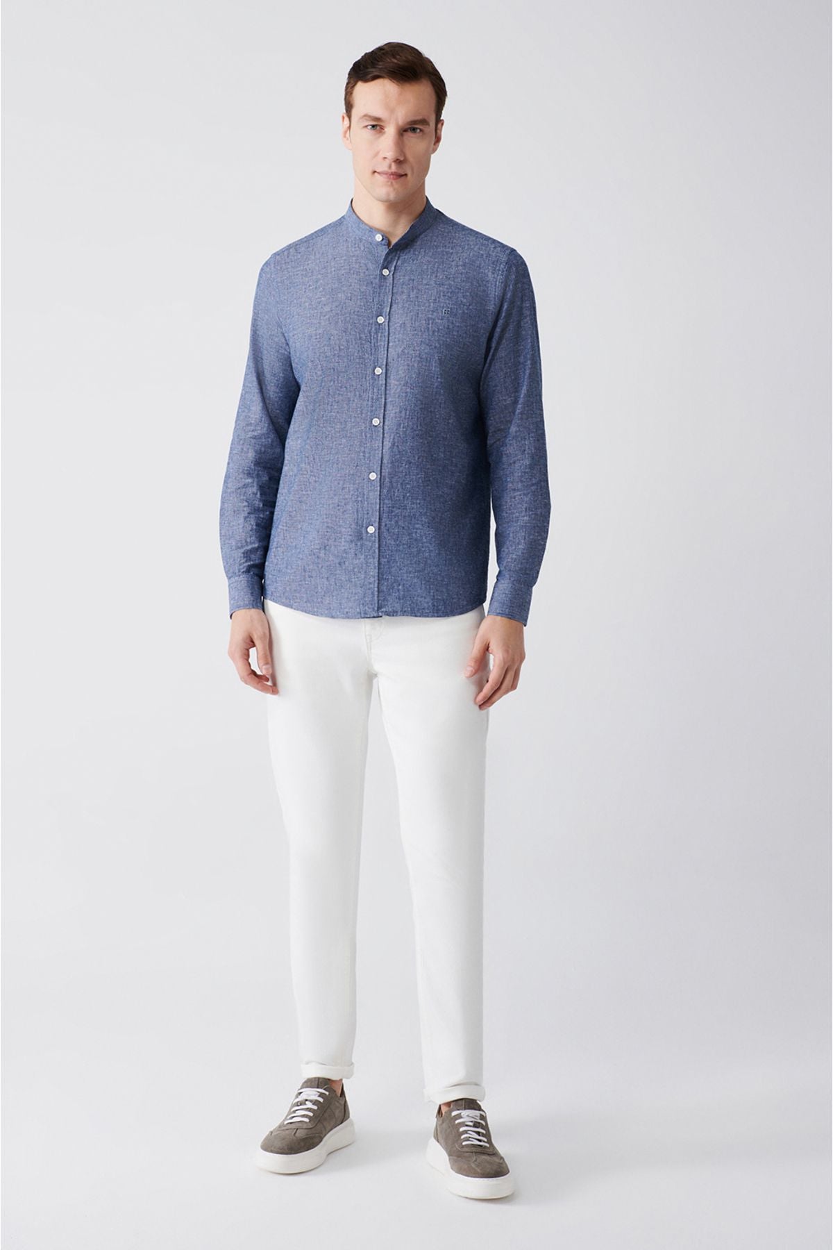 Men's Indigo Judge Yaka Linen Mixed Shirt B002027