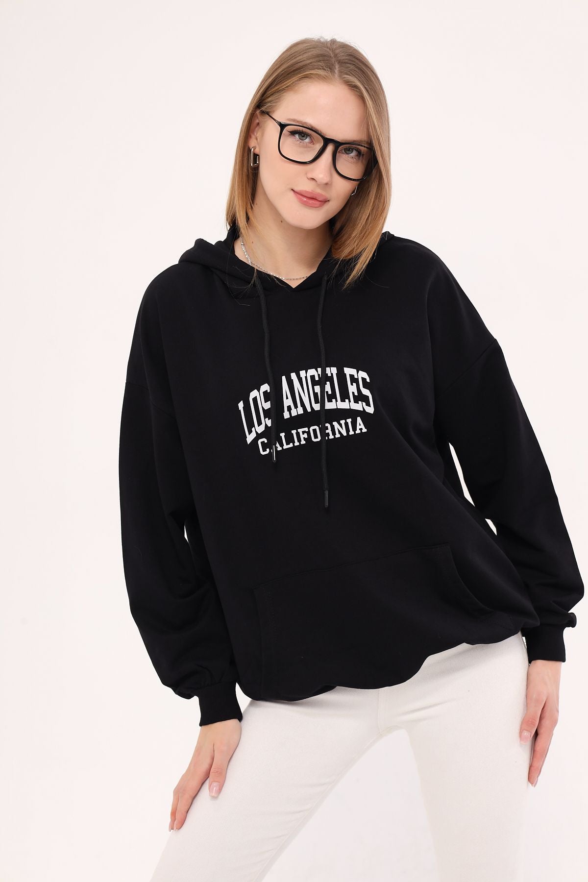 Woman Black Los Angeles printed hooded overwheel Sweatshirt ARM-25K001026