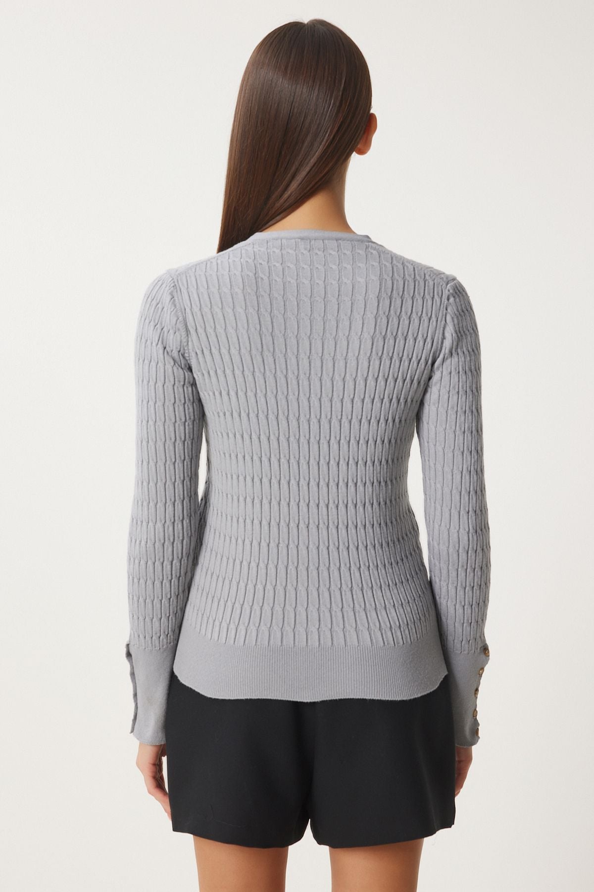 Women's Gray Thessaloniki Knitting Detailed Triko Cardigan FN03399