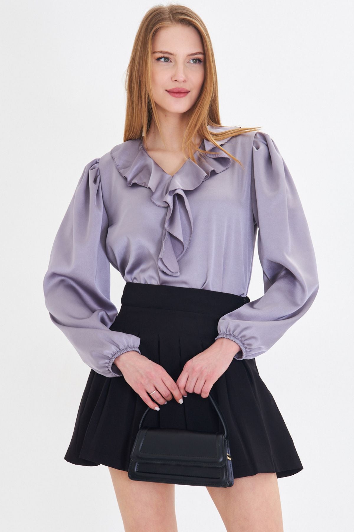 Female gray collar frilled shoulder shirred arm tire cotton satin blouse ARM-22K001059