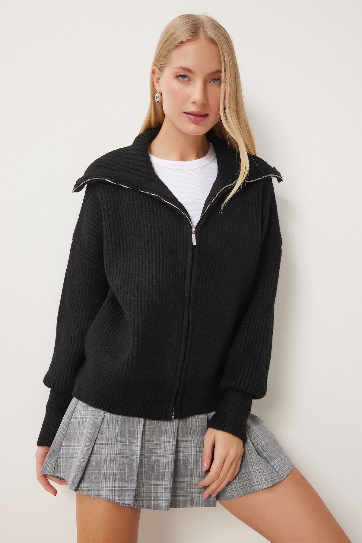 Female black zipper collar knitwear cardigan mx00173