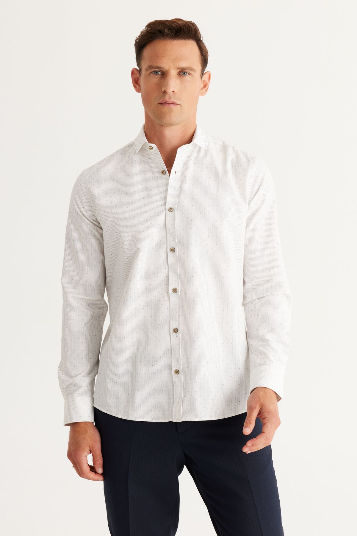 Men's White-Haki Cotton Oxford breathing slim fit narrow cut italian collar printed shirt