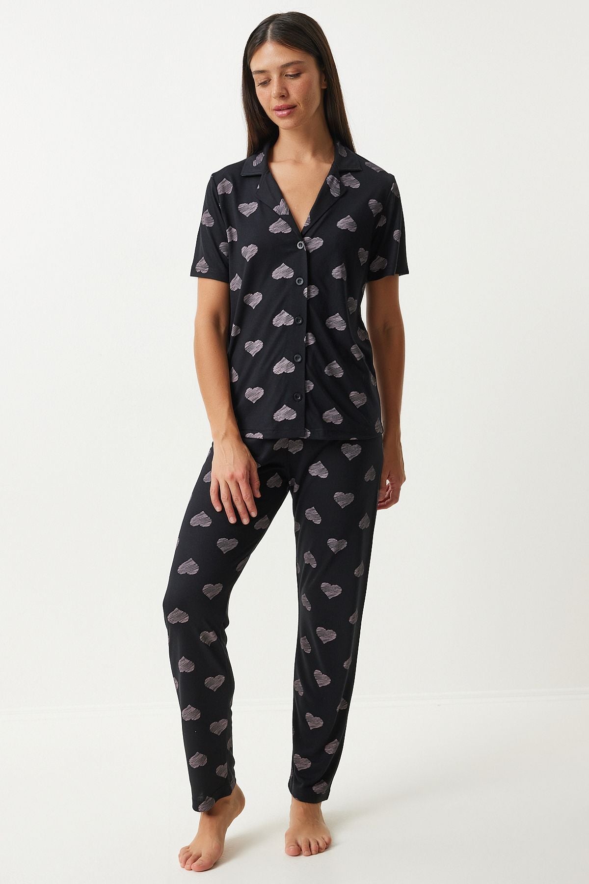 Female Black Heart Shirt Pants Pajama Set EC00042