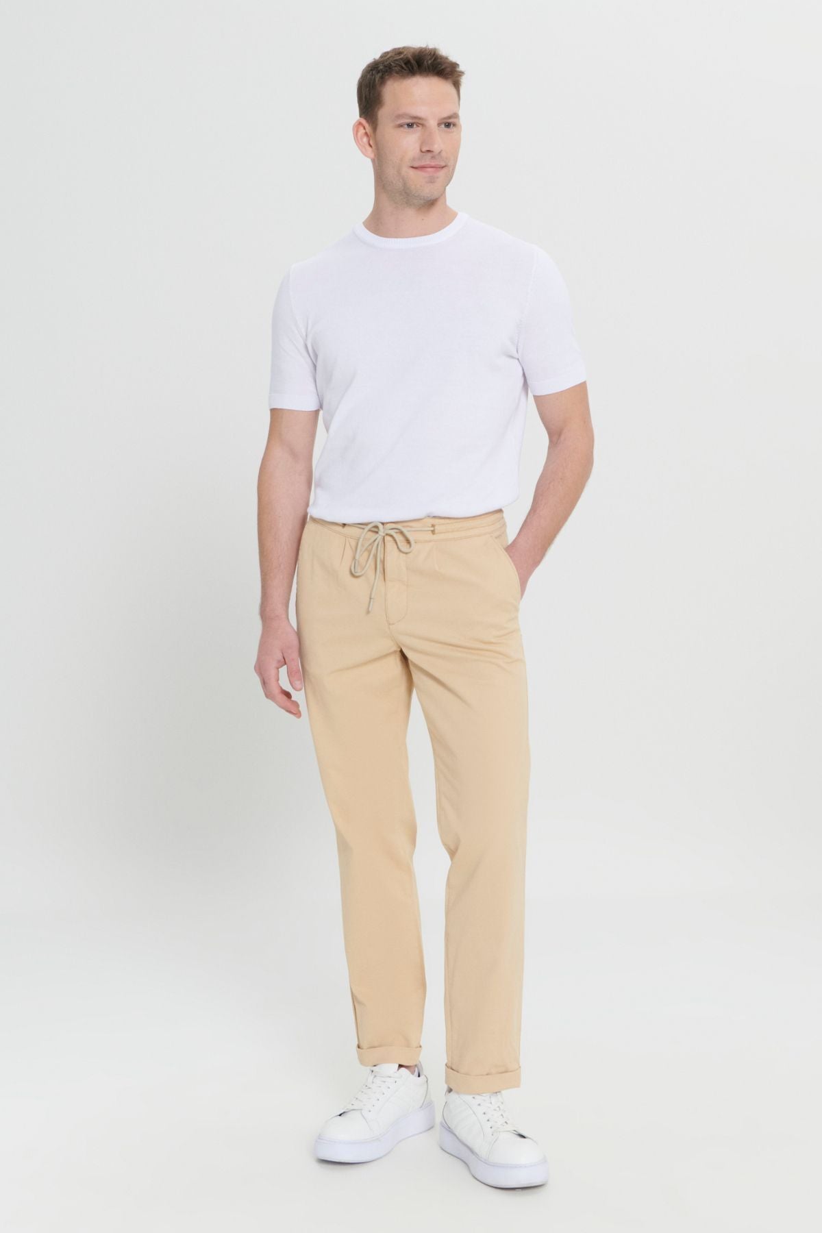 Men's Beige Comfort Fit Casual Cutting Side Pocket Pants