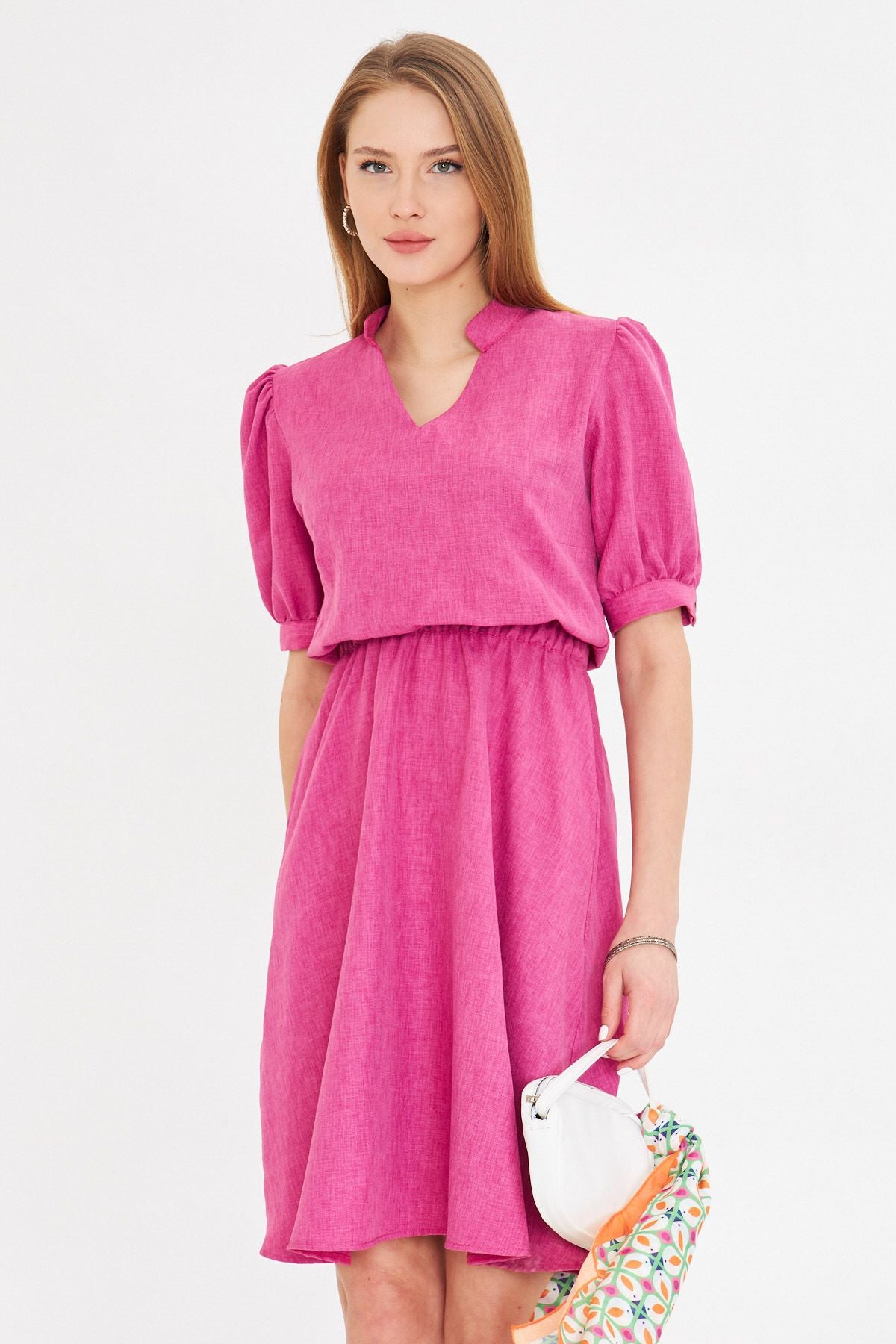 Women's Fuchsia V-Yaka Waist Waist Tire Short Sleeve Clash Dress ARM-25Y001001