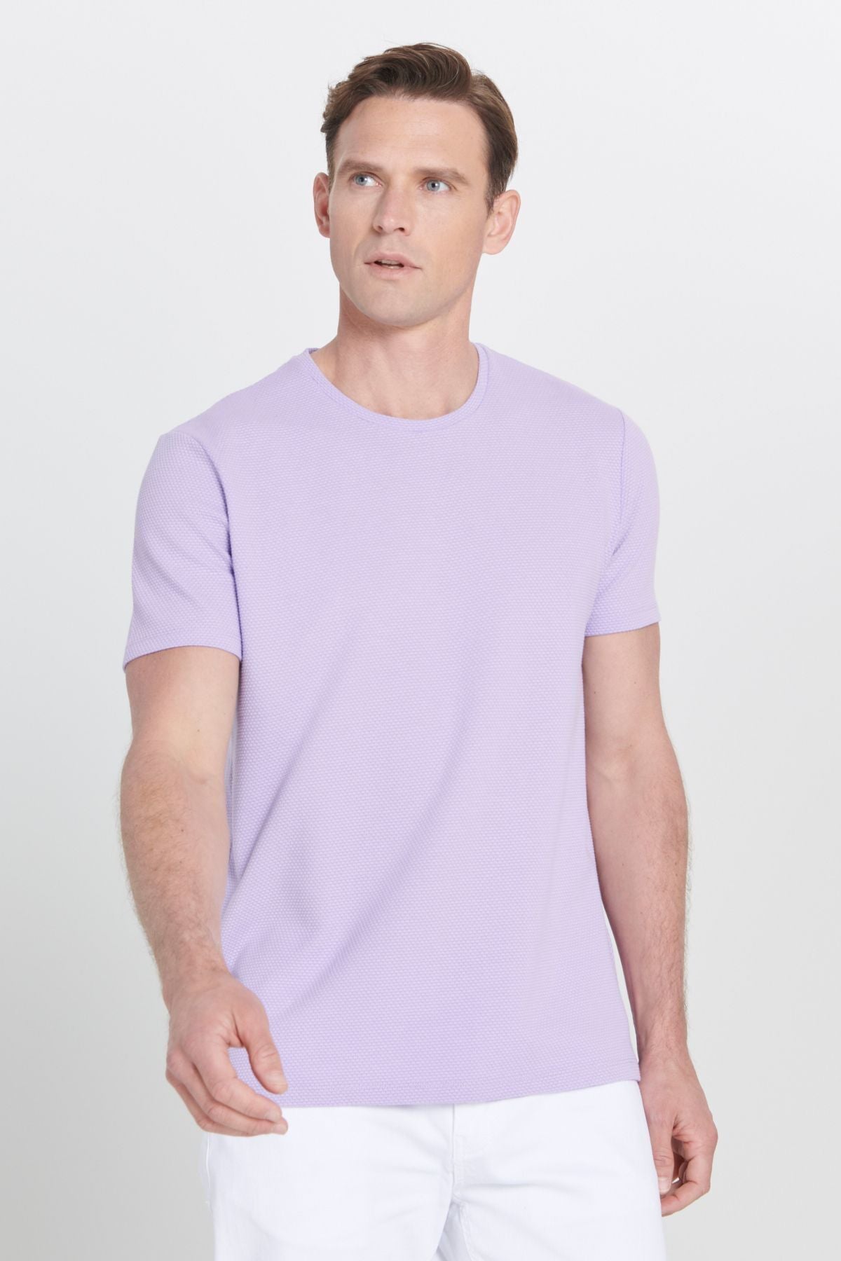 Men's lilac slim fit narrow cut modal bike collar soft button flexible basic t -shirt