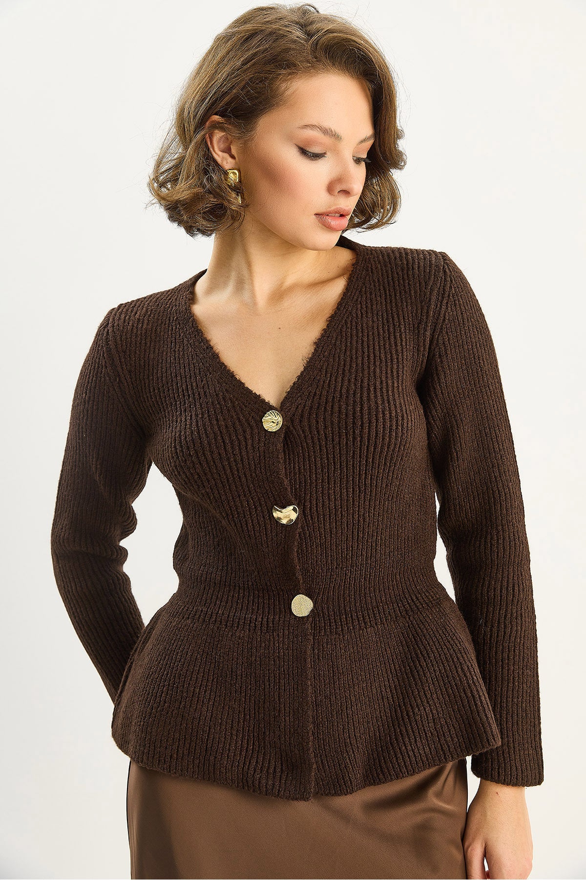 Women's 3-Button, Waist-Fit, Pleated Cardigan TH251065 60283715