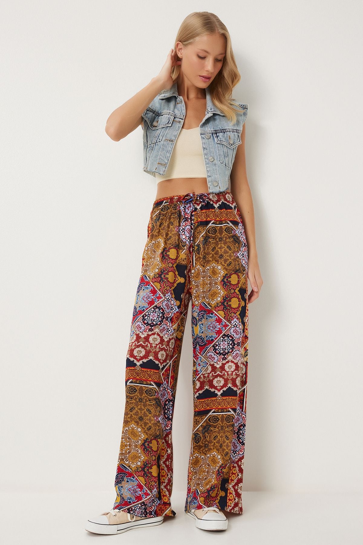 Female mustard tile pattern draped viscose palazzo pants EN00606