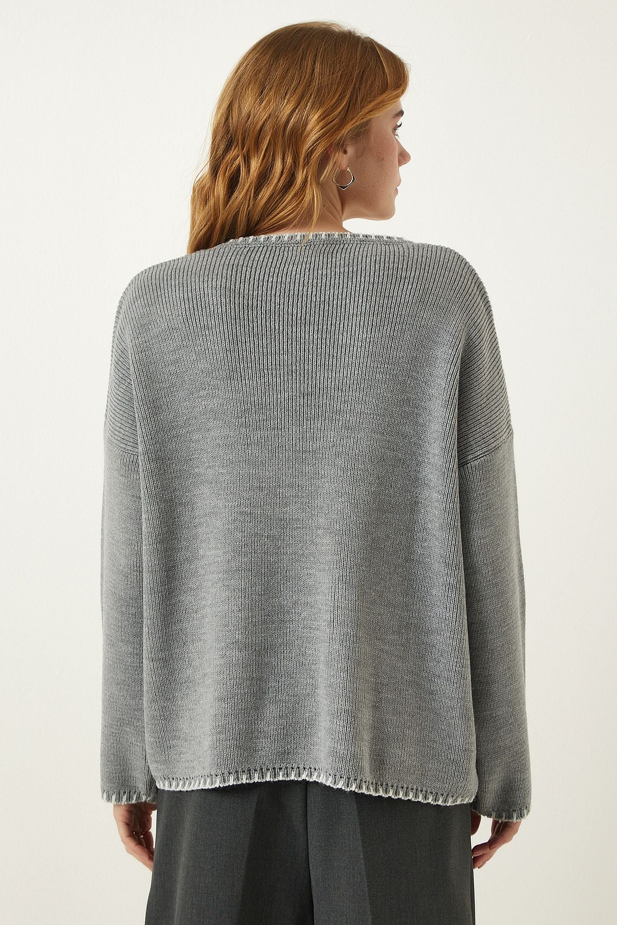 Women's gray sewing detailed pocket knitwear sweater pf00047