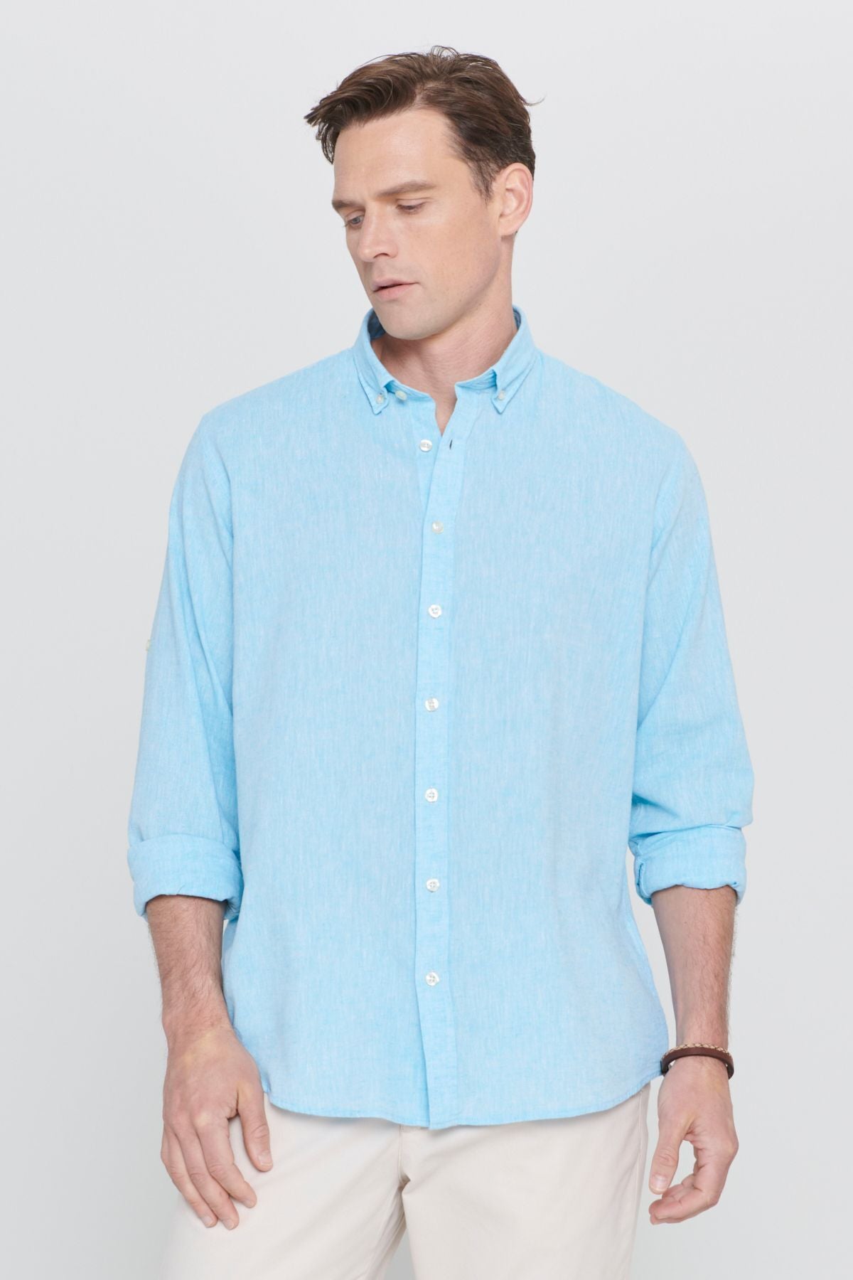 Men's turquoise linen comfort fit comfortable cut buttoned collar casual shirt