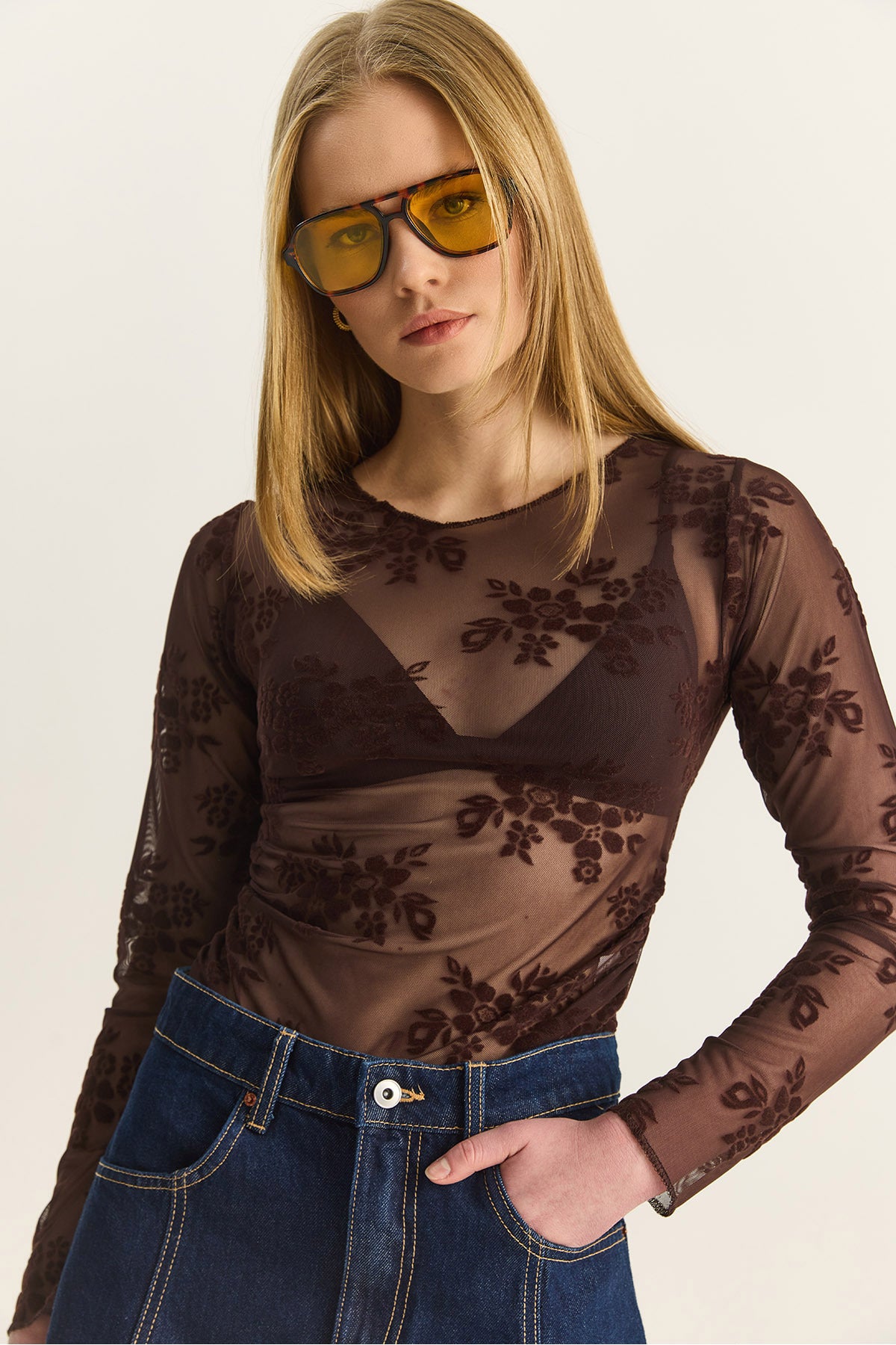 Women's Crew Neck Gathered Sides Patterned Transparent Tulle Blouse 6114 60283926