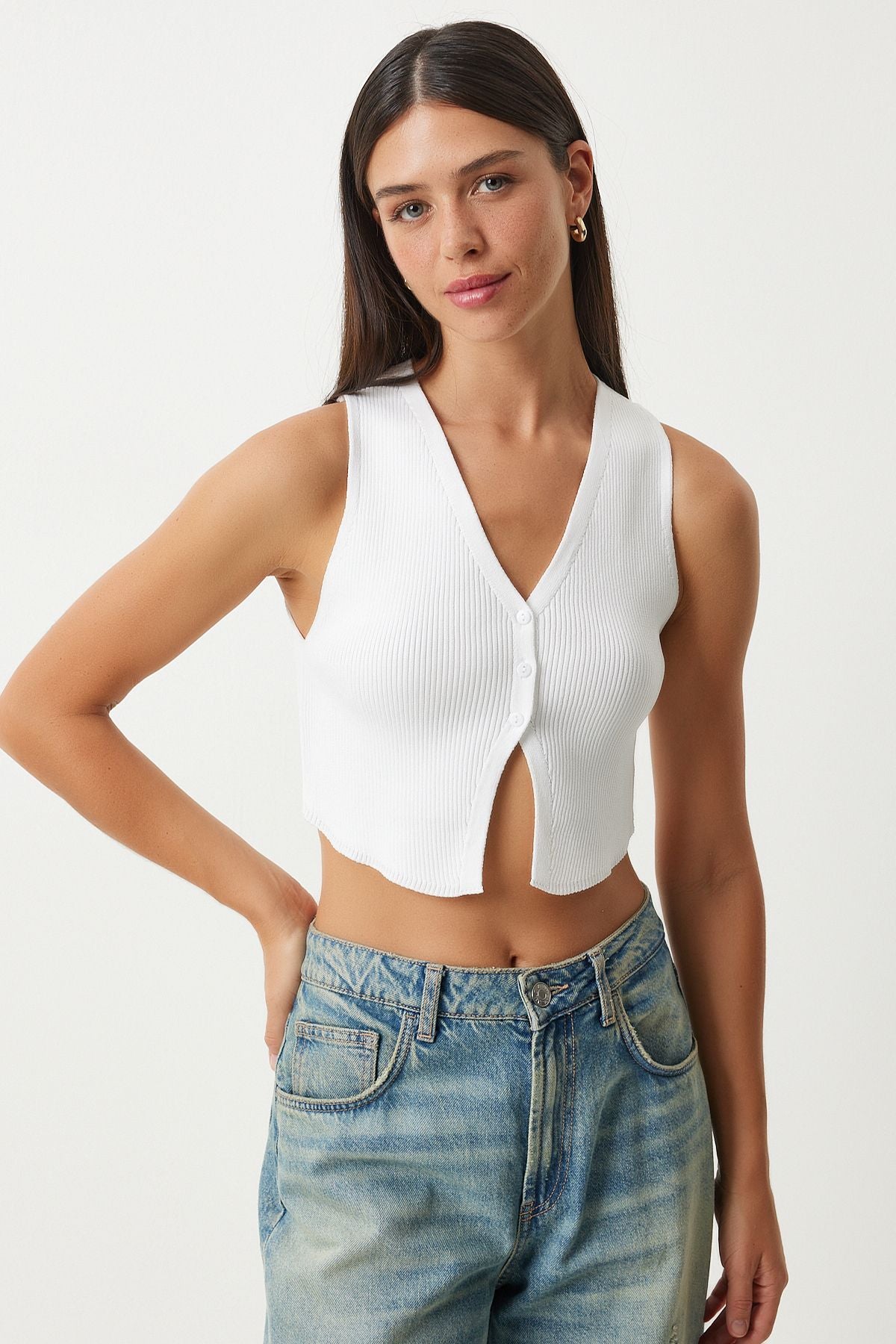 WOMEN WHITE V -YAKA CROP knitwear Vest YY00218