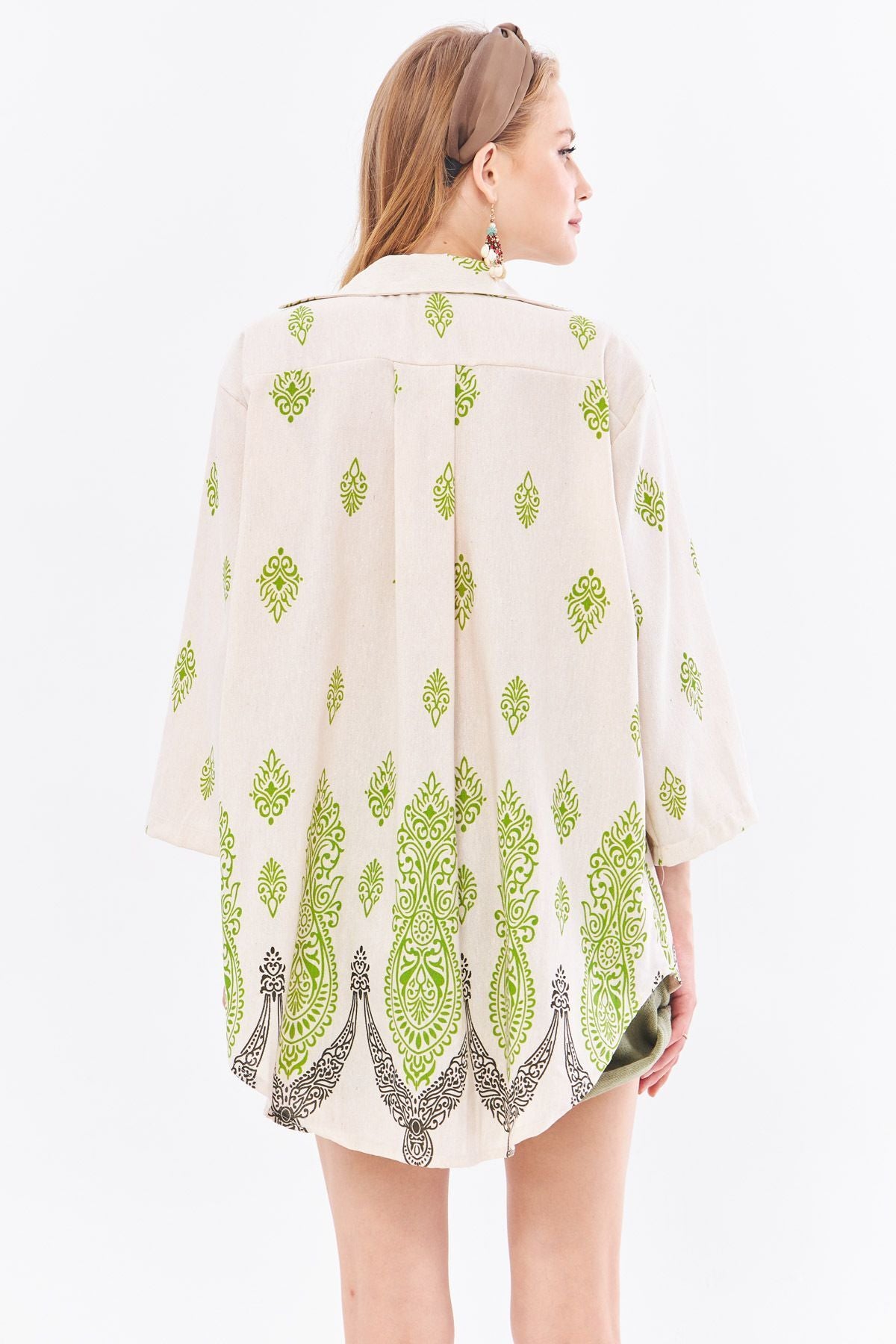 Female peanut green patterned linen-looking skirt with aqueous front kimono shirt ARM-24Y001092