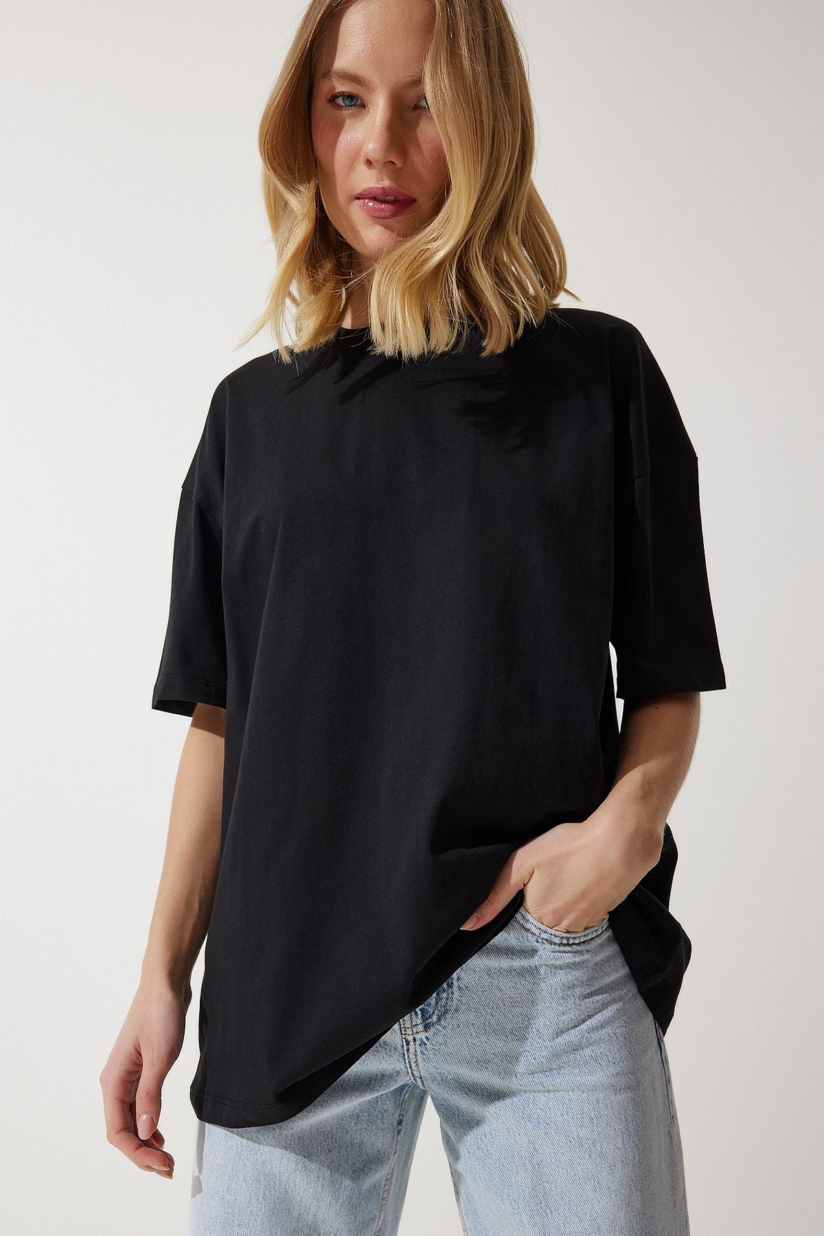 Woman Black Bicycle Neck Basic Oversize Knitting T-Shirt BF00091