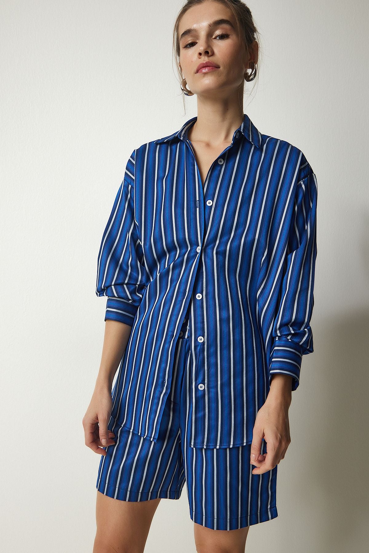 Women's Blue Striped Satin Surface Shirt Short Set US00914