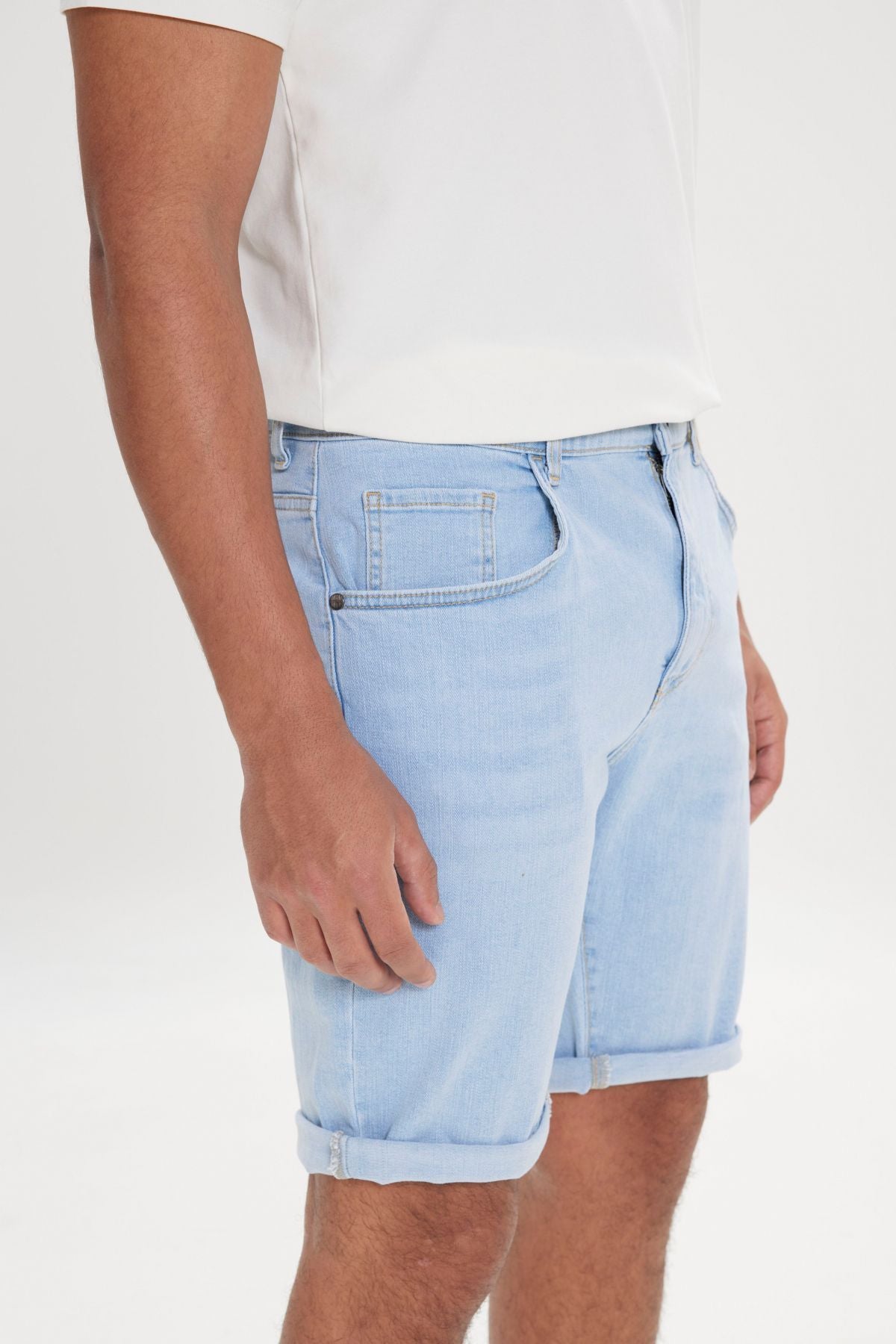 Men's light blue slim fit narrow cut cotton flexible denim shorts