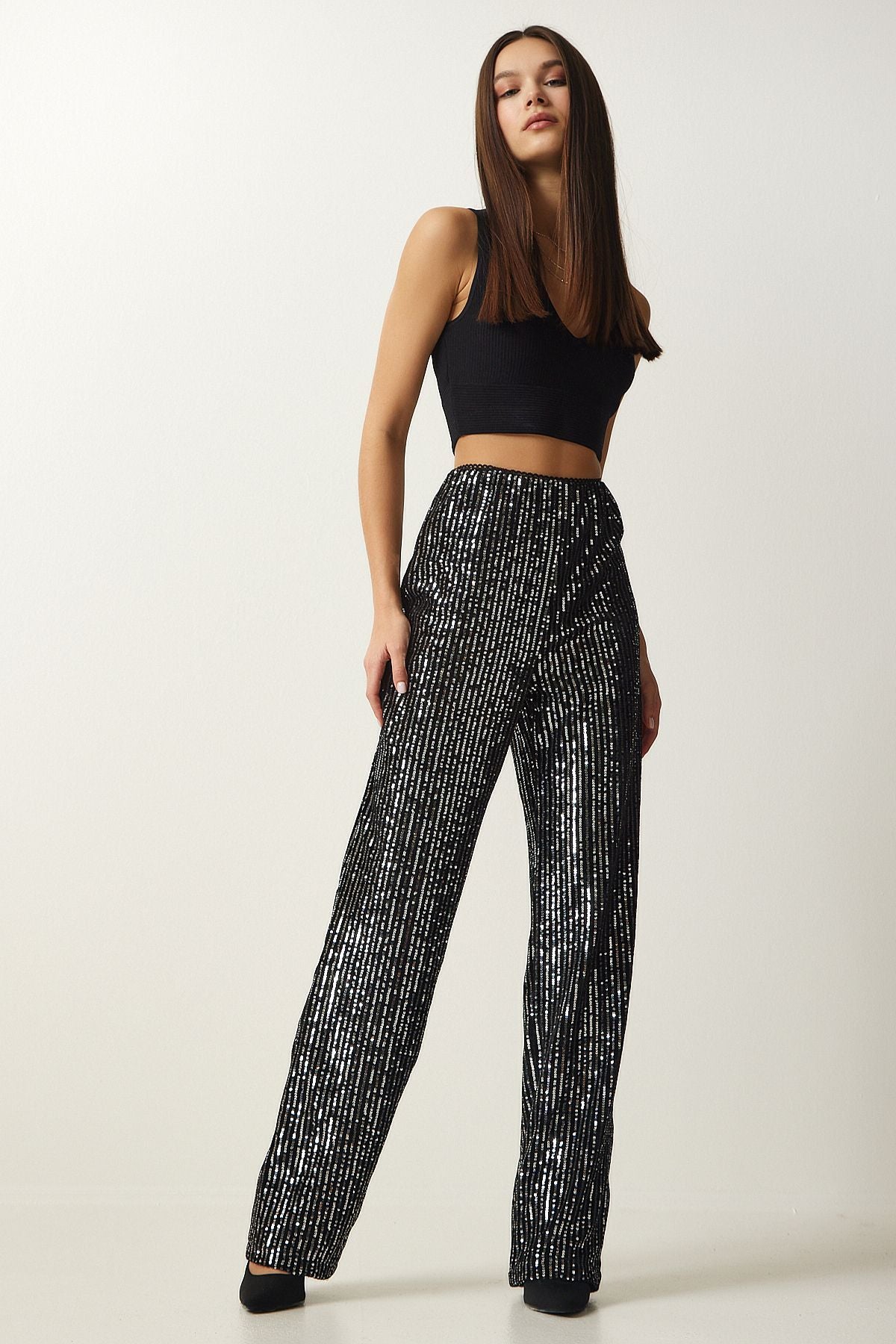 Women's gray stamp sequin palazzo pants MC00250