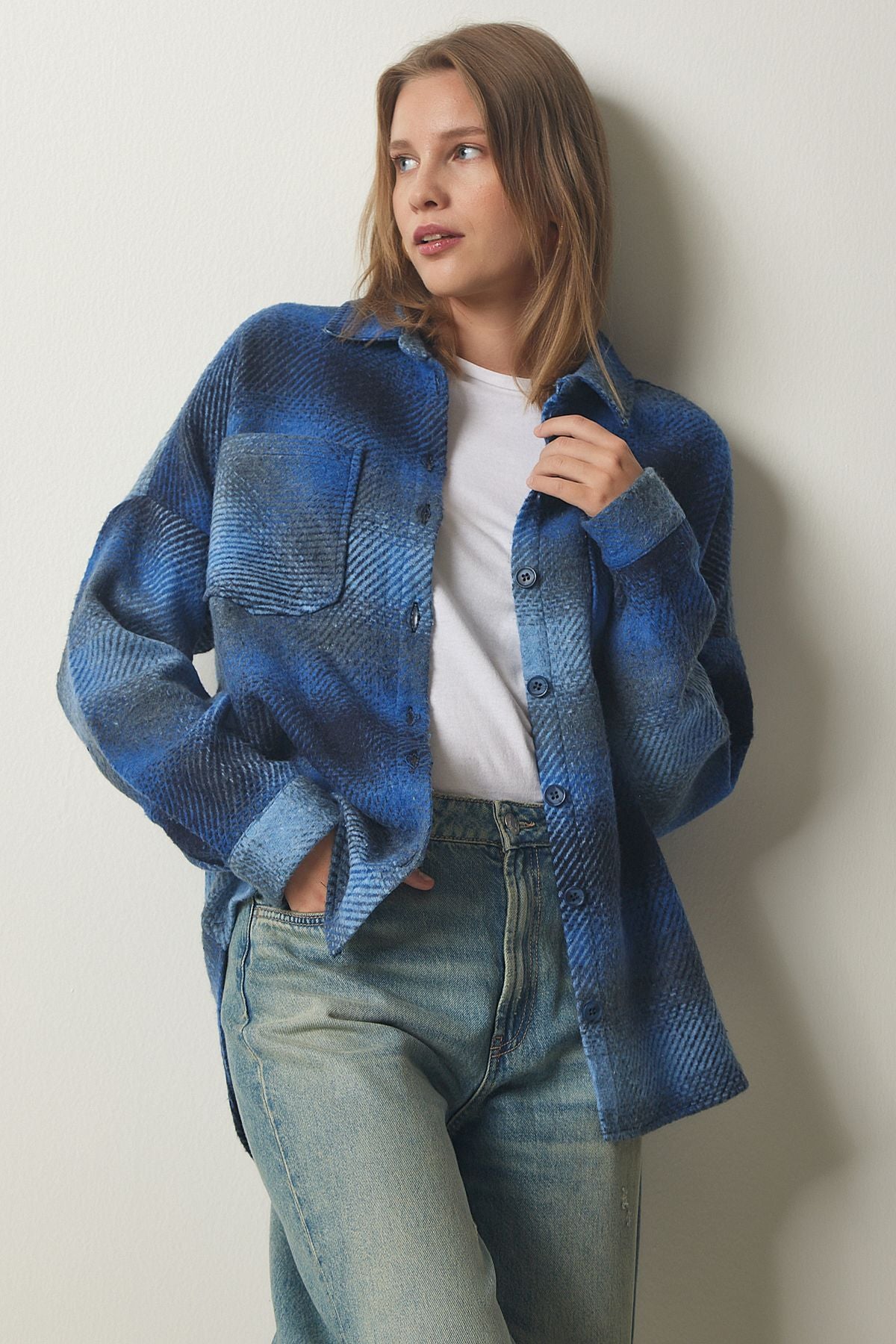 WOMEN BLUE WASH ODUNCUDE Oversize Stamp Shirt Jacket TU00035