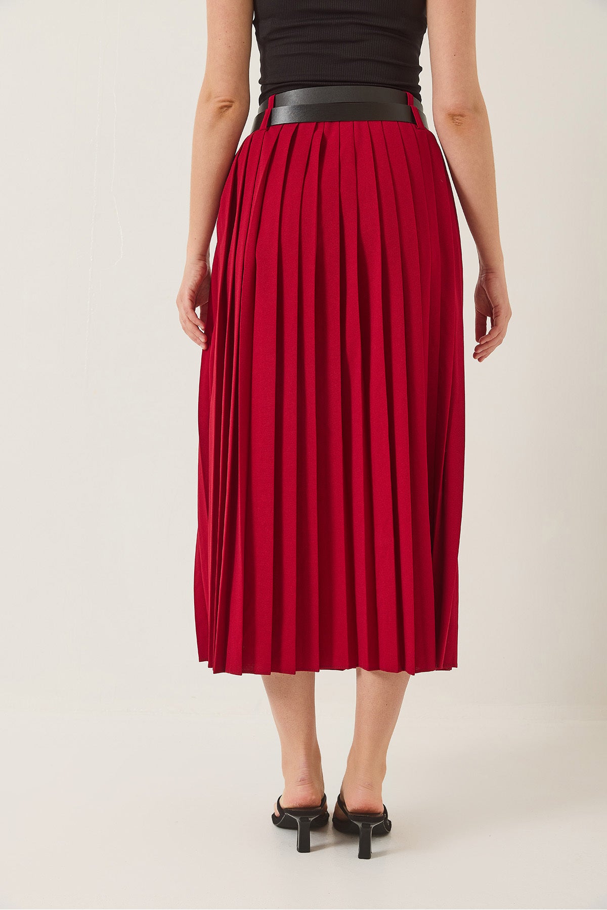 Women's Double Belted Slit Detailed Pleated Long Skirt 7167 60283219